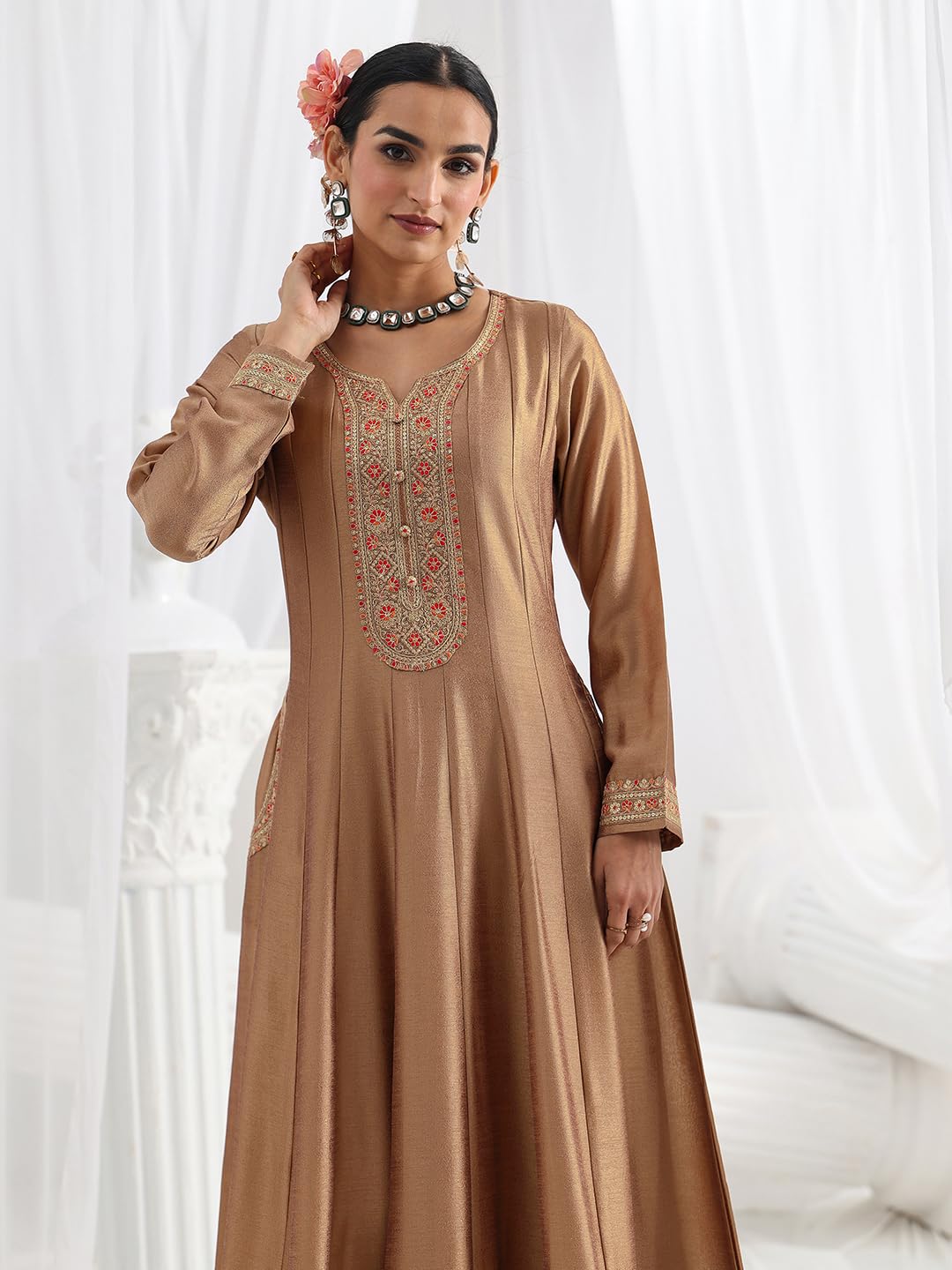 Libas Embroidered Silk Blend A-Line Ethnic Dress with Dupatta-93638L