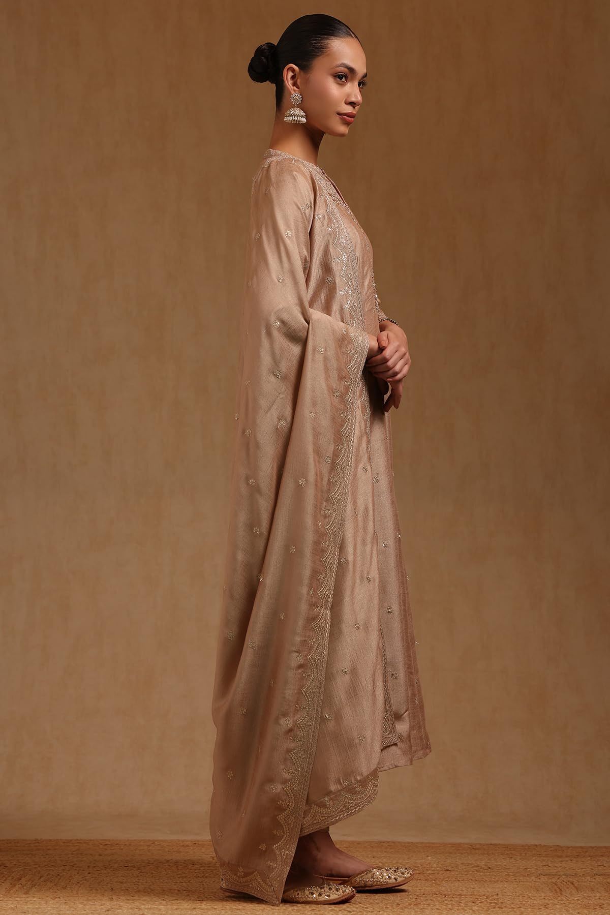 Soch Womens Beige Vichitra Zari Embroidered Salwar Suit With Sequins