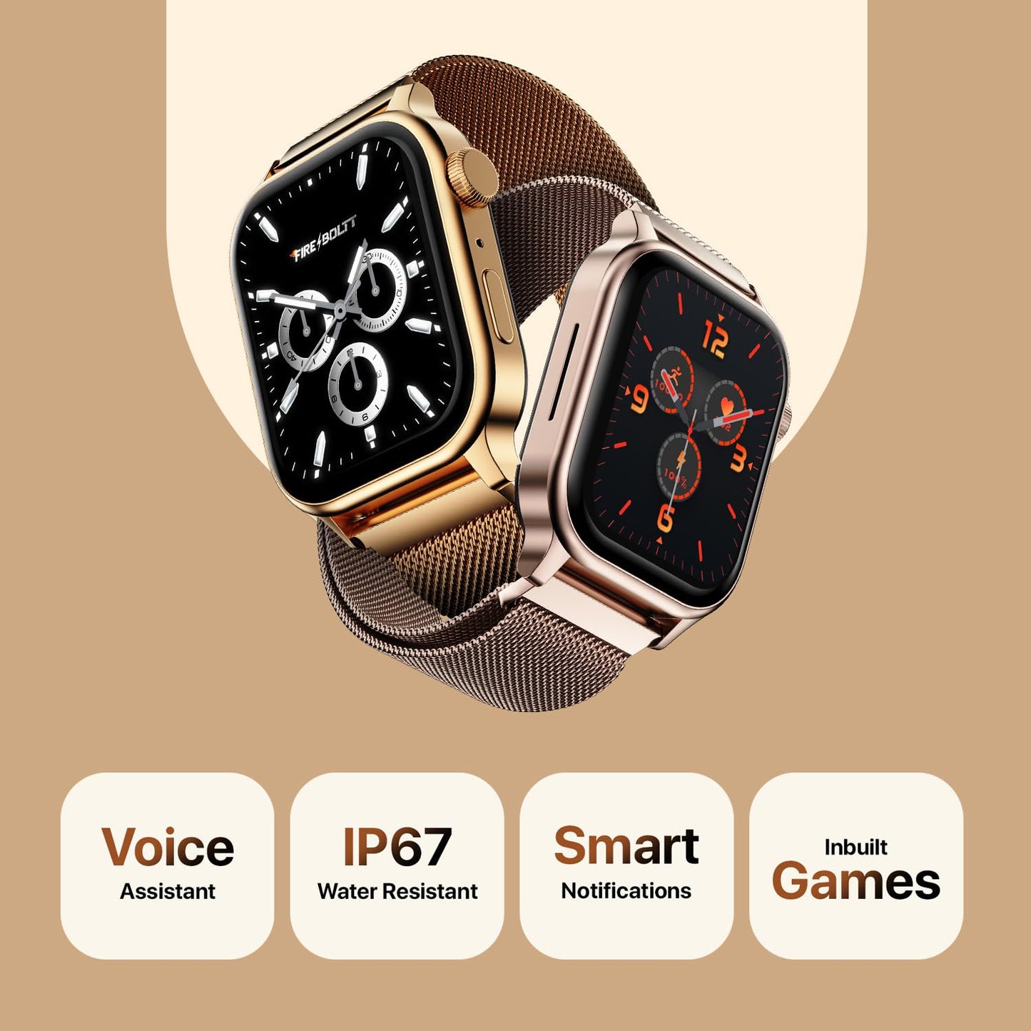 Fire-Boltt Rise Smart Watch, 1.85" HD Display, Metal Body with Bluetooth Calling, Rotating Crown, AI Voice Assistant, 120 Sports Modes, Neon UI, SpO2 & Heart Rate Monitoring (Gold Millanese)