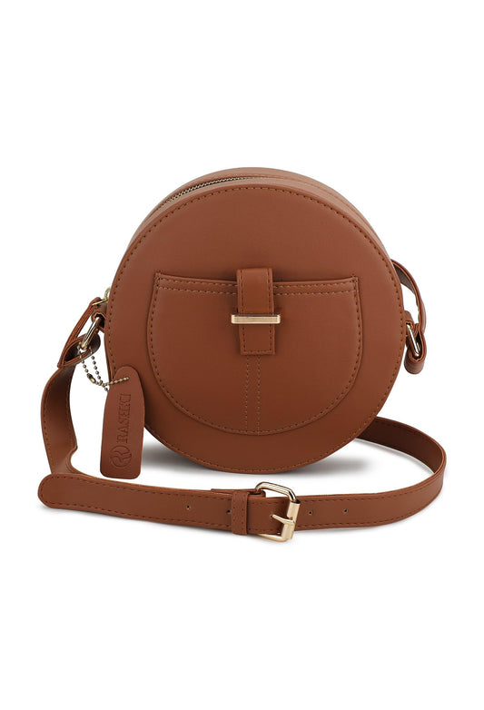 RASHKI TERRA - Womens Vegan Leather Sling Bag| Spacious Compartment| Perfect for Daily Use| Travel | Party| Round Bag | Zipper closure (TAN)