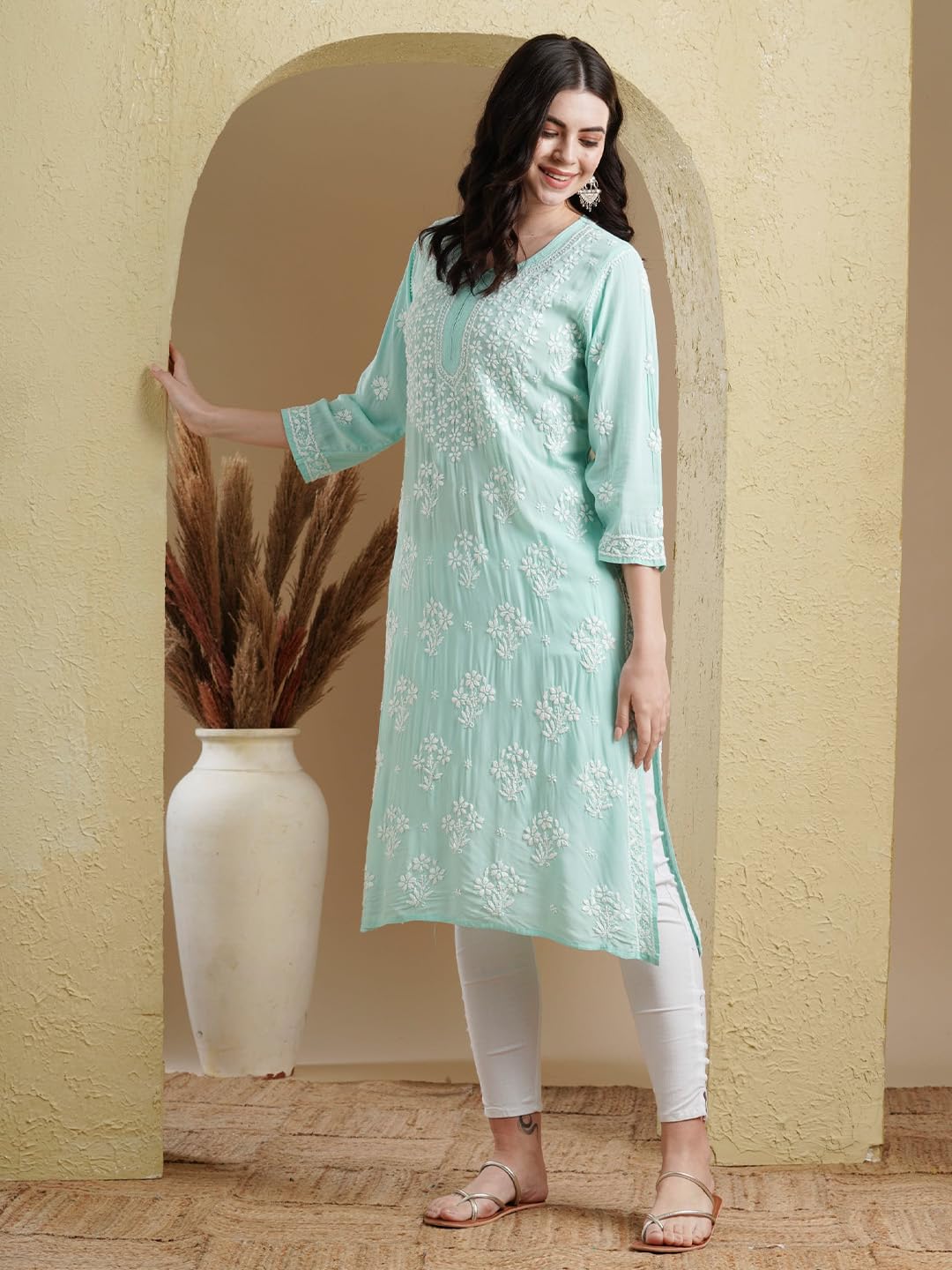 Ada Hand Embroidered Ethnic Wear Straight Modal Lucknow Chikankari Kurta Kurti Tunic for Women A411551 Sea Green (3XL)