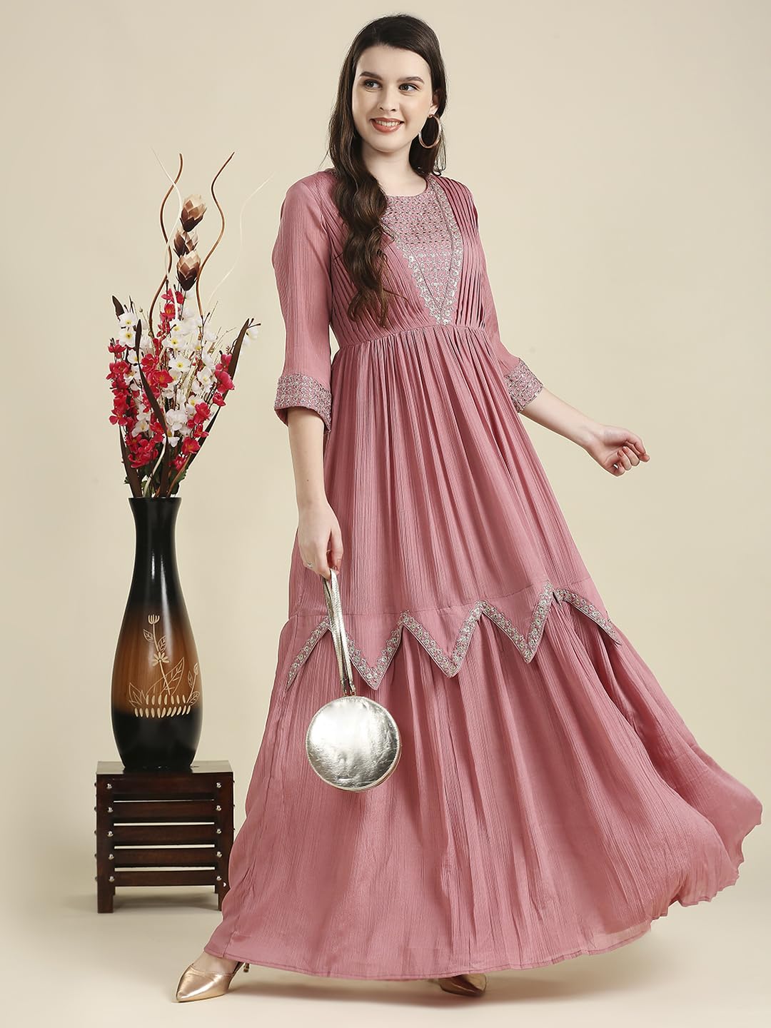 madhuram textiles Women's Chinon Chiffon Traditional Ethnic Long Western Straight, Ankle Length Dress With Embroidery Work Long Kurta(M-2361, In, Alpha, M, Regular, Pink)