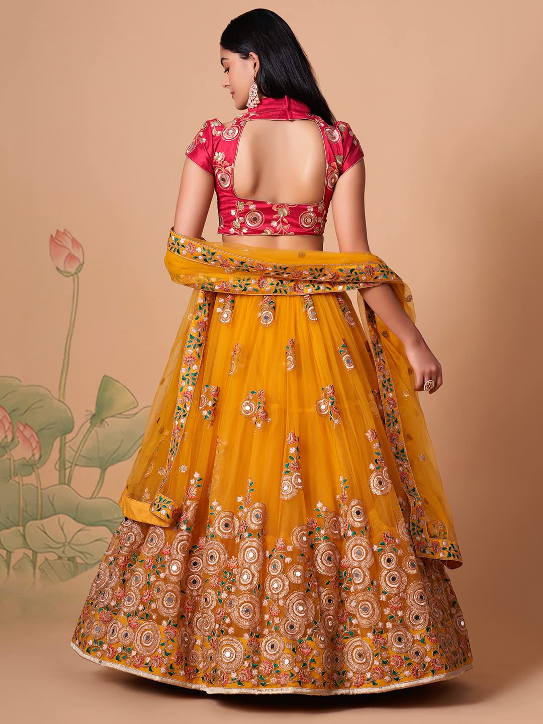 Zeel Clothing Women's Net Embroidered Semi-Stitched Bridal New Lehenga Choli with Dupatta (7324-Yellow-Wedding-Bridal-Latest; Free Size) (Yellow)