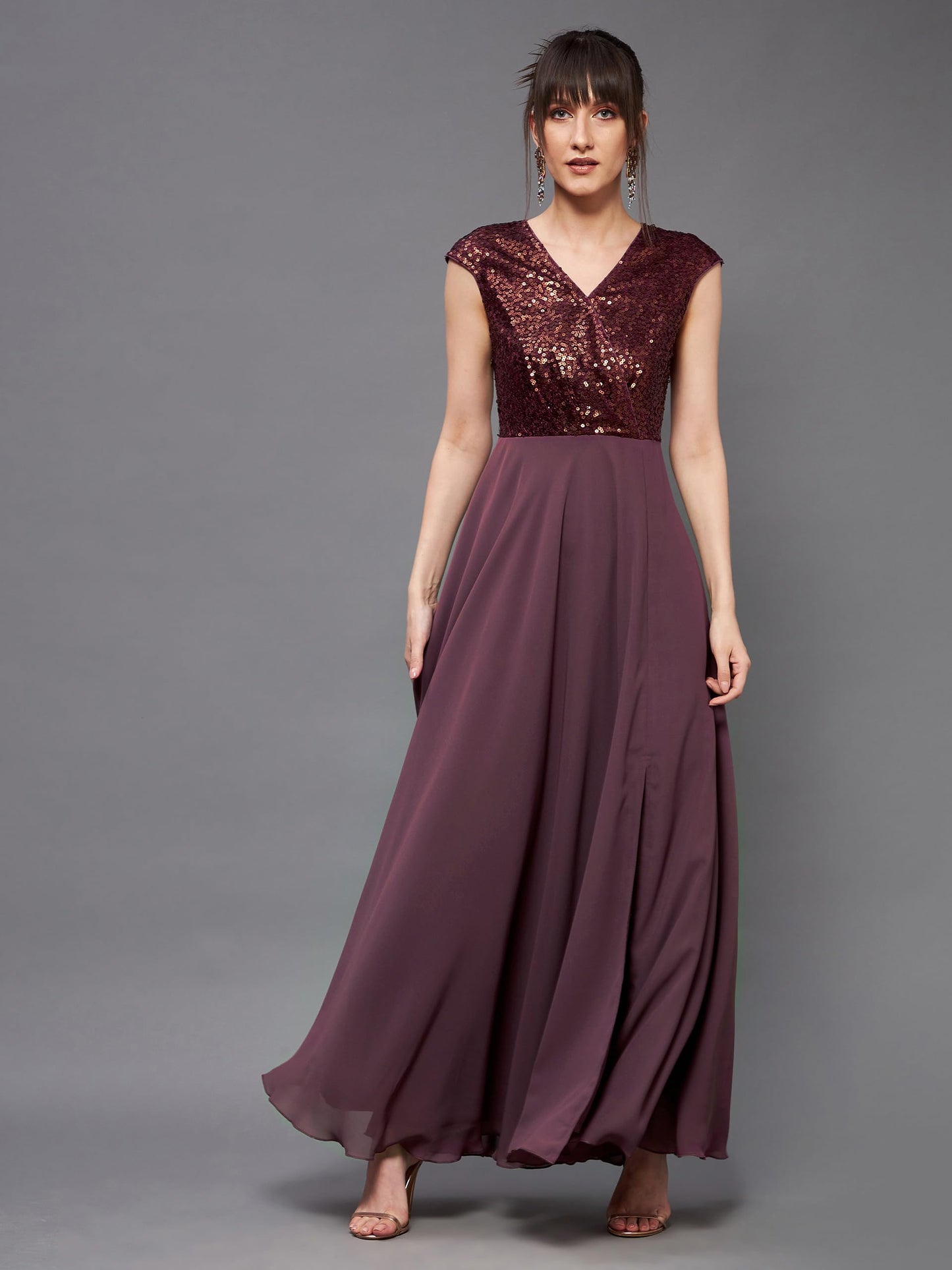 Miss Chase Women's Mauve & Wine V-Neck Sleeveless Embellished Wrap Maxi Dress (MCSS20D06-10-264-05, Mauve & Wine, L)