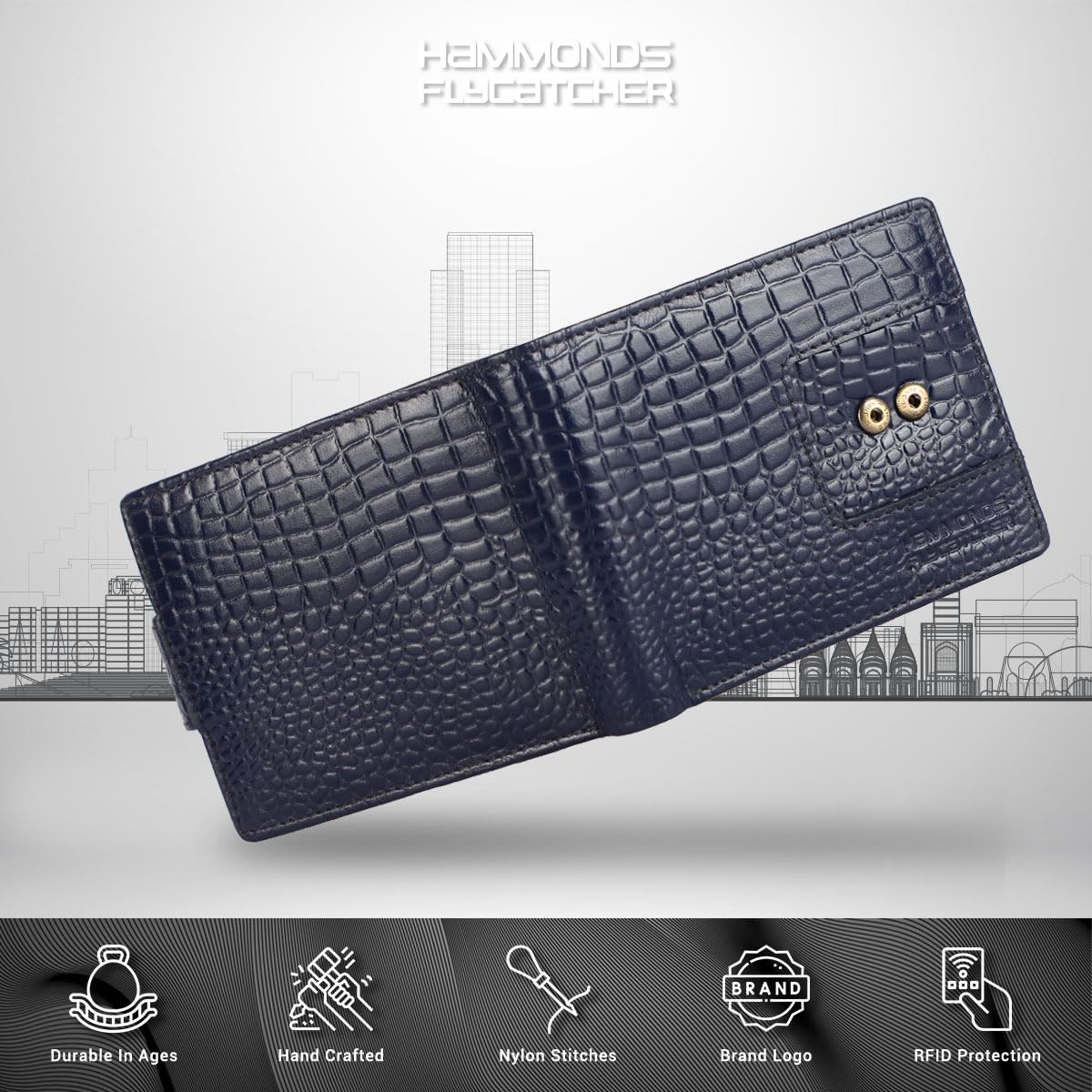 HAMMONDS FLYCATCHER RFID Wallet for Men Leather Original, Mens Wallet, Leather Wallets for Men Stylish, Bi-Fold Wallets for Man, 6 Card Slots, 1 ID Slot, Coin Pocket, Gift for Mens - Croc Blue