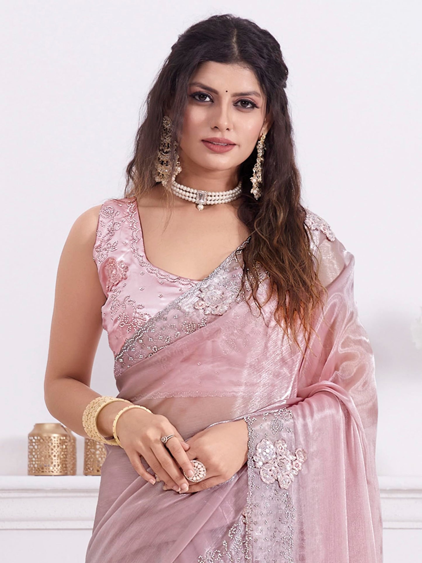 AKHILAM Women's Organza Solid Embellished Saree With Unstitched Blouse Piece(Pink_MAHEK737E_MK)