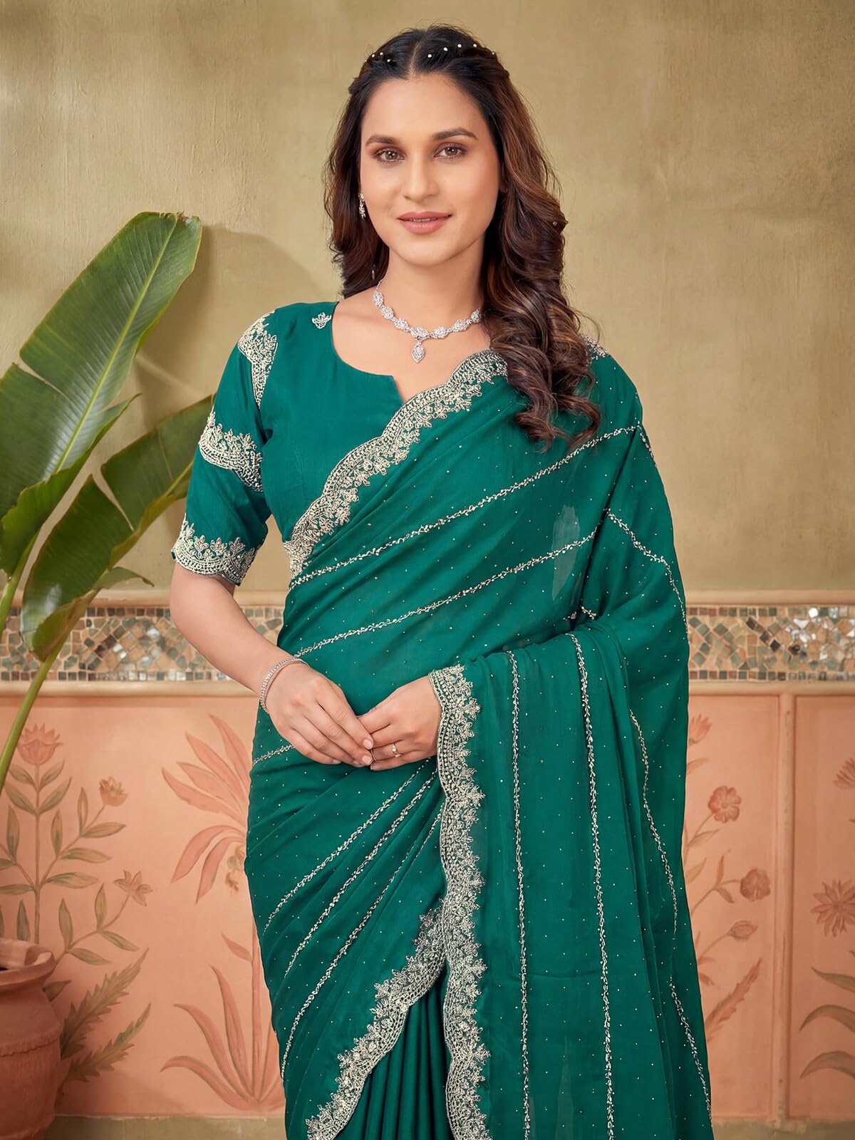 SIRIL Women's Shimmer Georgette Scalloped Border Stone Work Embroidery Saree with Unstitched Blouse Piece (4925S612A_Teal Green)