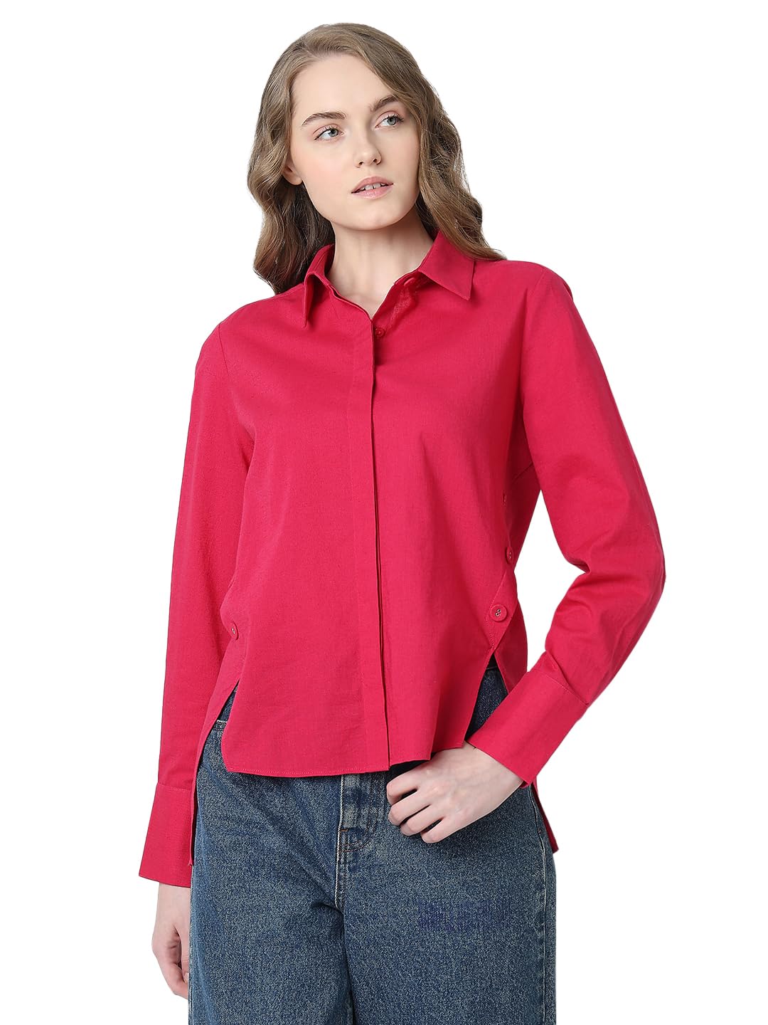 VERO MODA Women Solid Pink Cotton Regular Fit Shirt
