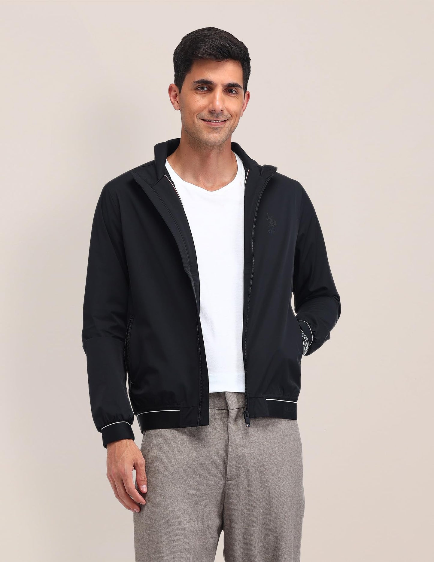 U.S. POLO ASSN. Men's Black Color-Block High neck Long Sleeve Casual Polyester Regular Fit Jacket (USJCK520_Black_3XL)