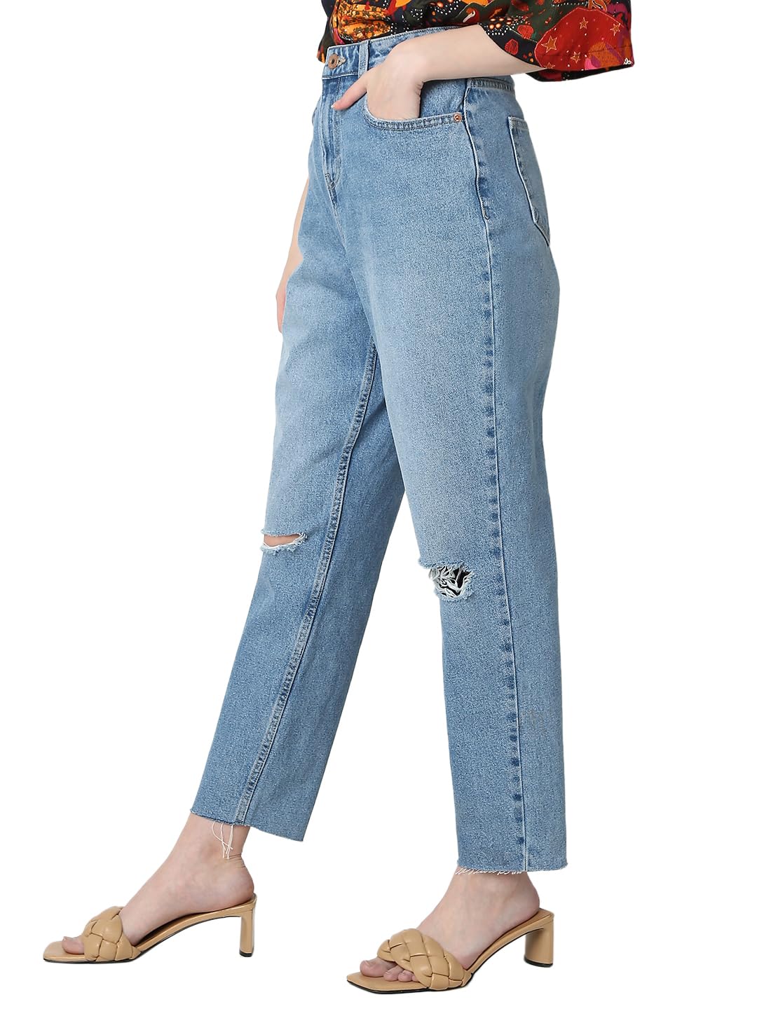 VERO MODA Women Solid Light Blue Cotton Straight Fit High Rise Ankle Length Jeans