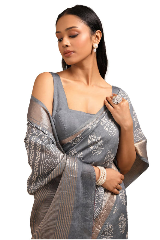 Soch Womens Grey Viscose Block Print Saree