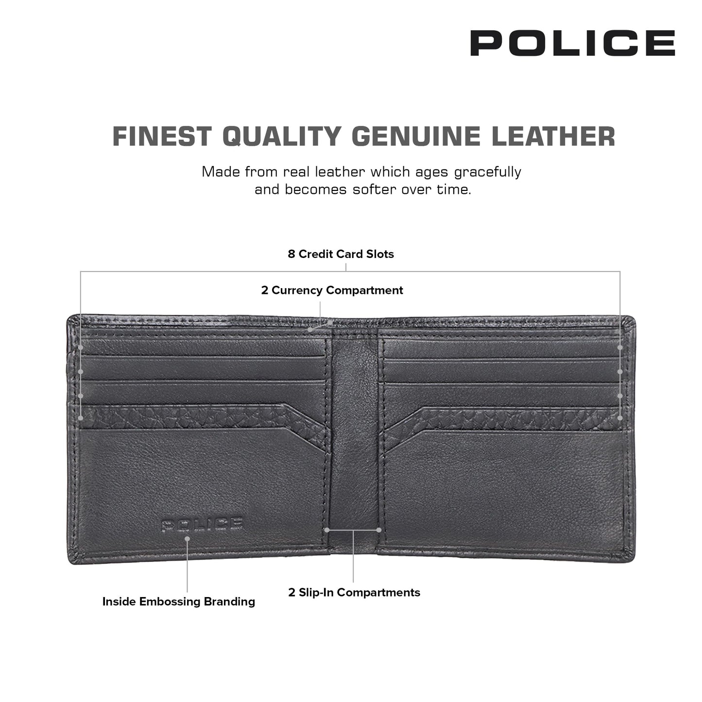 Police Jumbo Men's Slim Wallet | Leather Purse with 8 Card Slot, 2 Currency Compartment, 2 Slip-in Pockets -Black | Premium Design with Lagendary Style