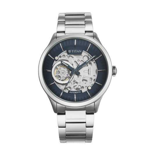 Titan Metal Mechanicals Automatic Midnight Blue Dial Silver Stainless Steel Strap Watch for Men - NT90140SM01