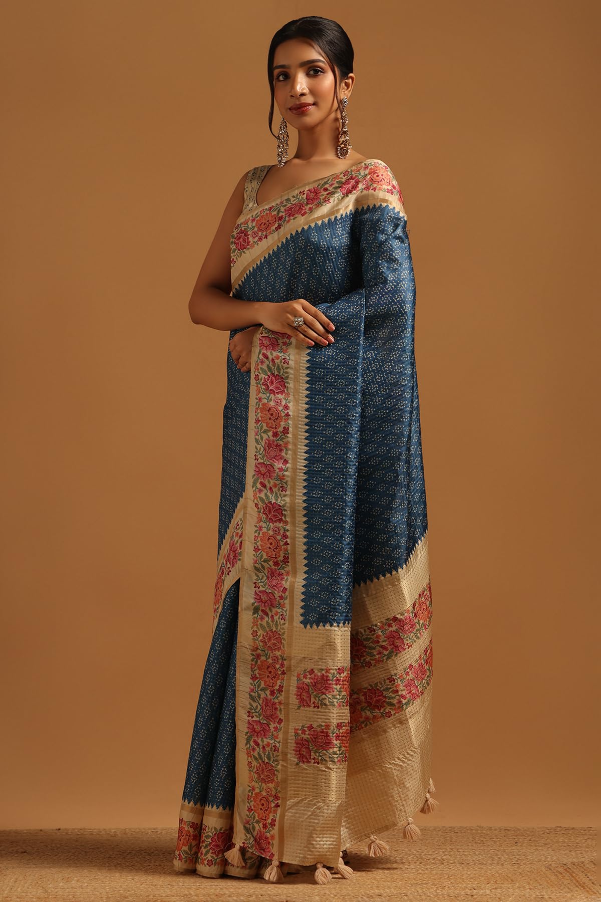 Soch Womens Blue Tussar Floral Saree With Zari Woven