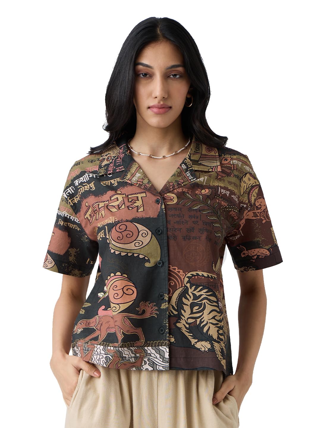 The Souled Store Panchatantra Women and Girls Short Sleeves Collared Neck Button Front Brown All Over Printed Oversized Fit Cotton Holiday Shirts