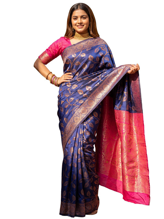 AKHILAM Women's Kanjivaram Woven Soft Silk Saree With Blouse Piece
