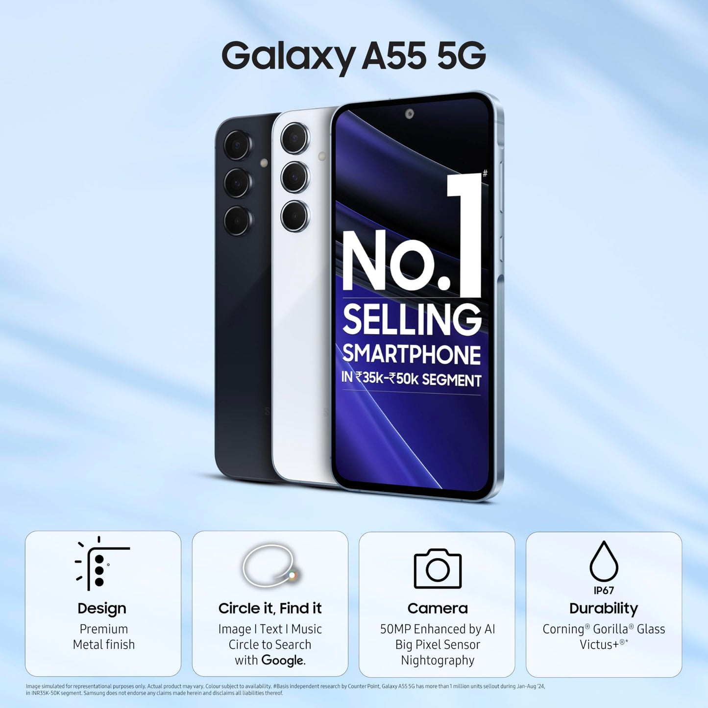 Samsung Galaxy A55 5G (Awesome Iceblue, 8GB RAM, 128GB Storage) | Metal Frame | 50 MP Main Camera (OIS) | Nightography | IP67 | Corning Gorilla Glass Victus+ | sAMOLED with Vision Booster