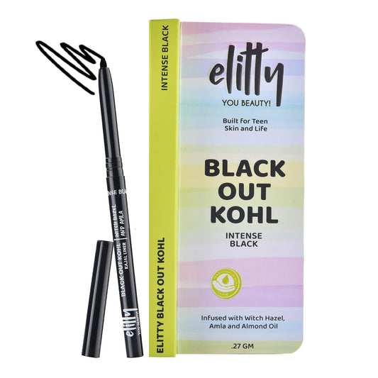 Elitty Black Out Kohl- Intense Black Kajal, Smudge Resistant, Fade Proof, Infused with Witch Hazel, Amla,Almond Oil, Castor Oil & Chamomile Oil, Vegan & Cruelty Free - .27gm