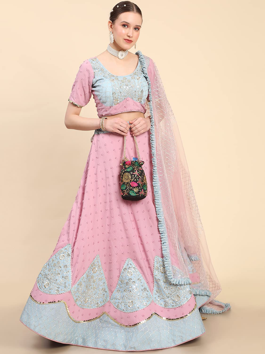 leeza store Women's Pink Georgette Silver Sequins & Zari Patch Work Flared Lehenga Choli With Dupatta