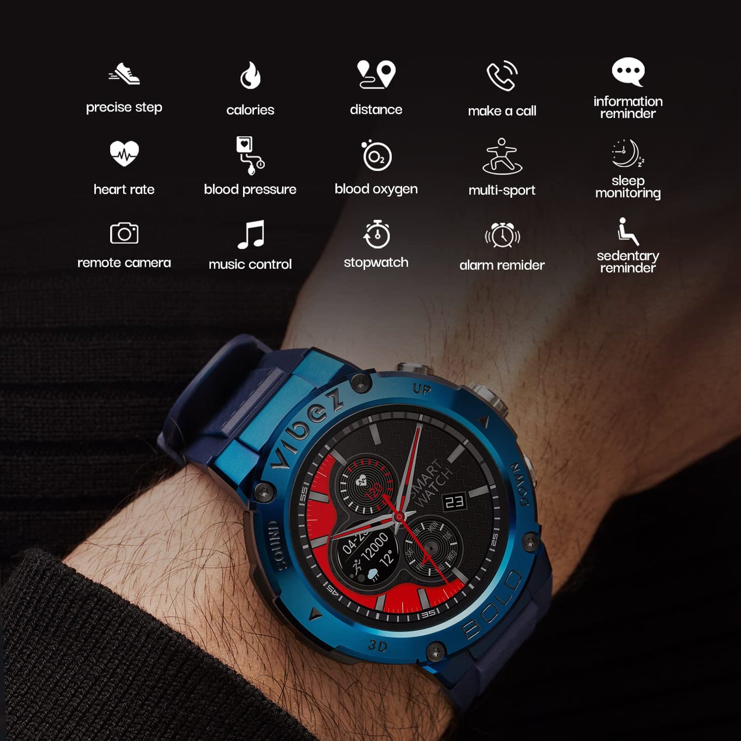 Vibez by Lifelong Bold Smartwatch For Men Bluetooth Calling 1.32" HD Display|24x7 Heart Rate & Blood Oxygen Tracking|Sports Mode|IP67|Sleep Monitor|7 days Battery Backup(VBSWM99, 1 Year Manufacturer Warranty, Blue)