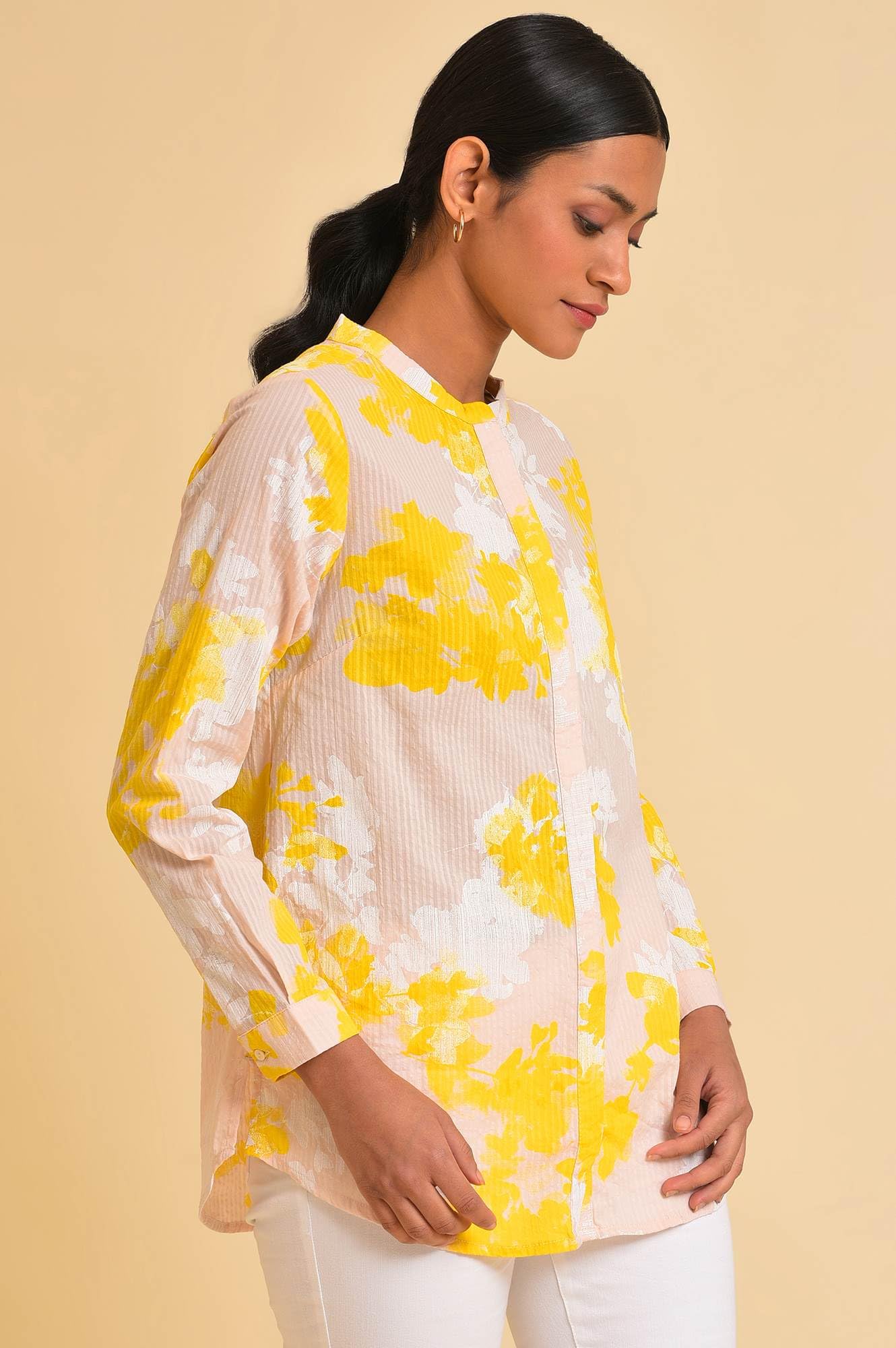 W For Woman Light Pink Floral Printed Cotton Shirt Style Top