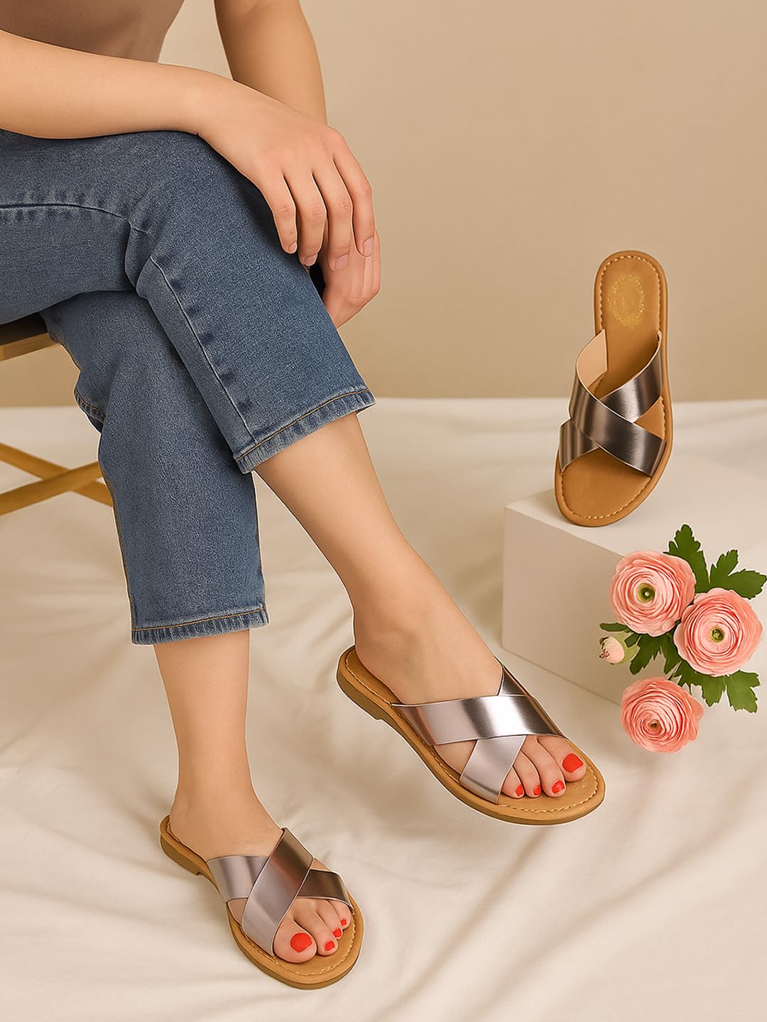 GLEMATOZ Women?s Grey Flat Sandals with Lightweight Non-Slip Sole || Perfect for Everyday Footwear, Beach & Vacation EU40