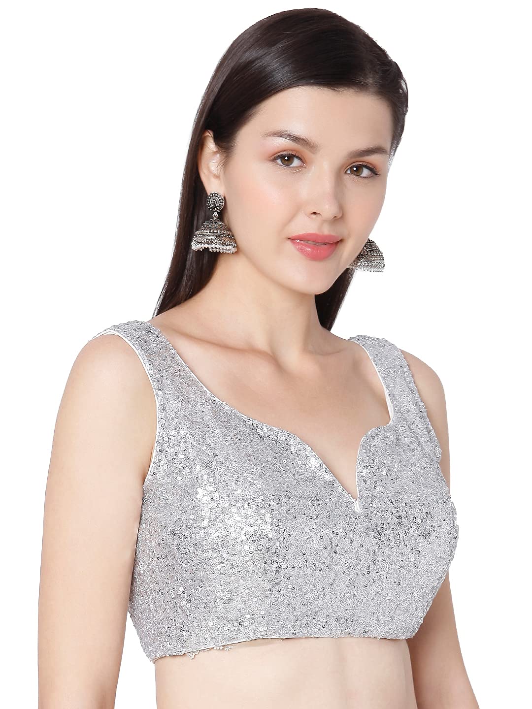 S SALWAR STUDIO Women's Silver Sequence Work Embroidered Readymade Saree Blouse-SSB3817-SLVR