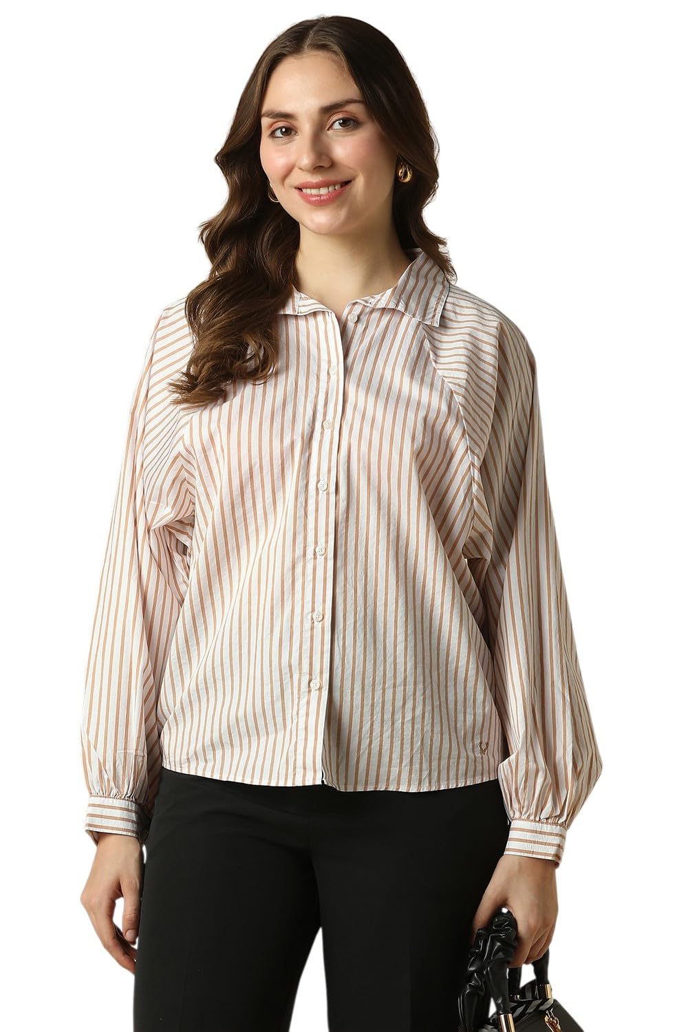Women Beige Stripe Long Sleeves Shirt