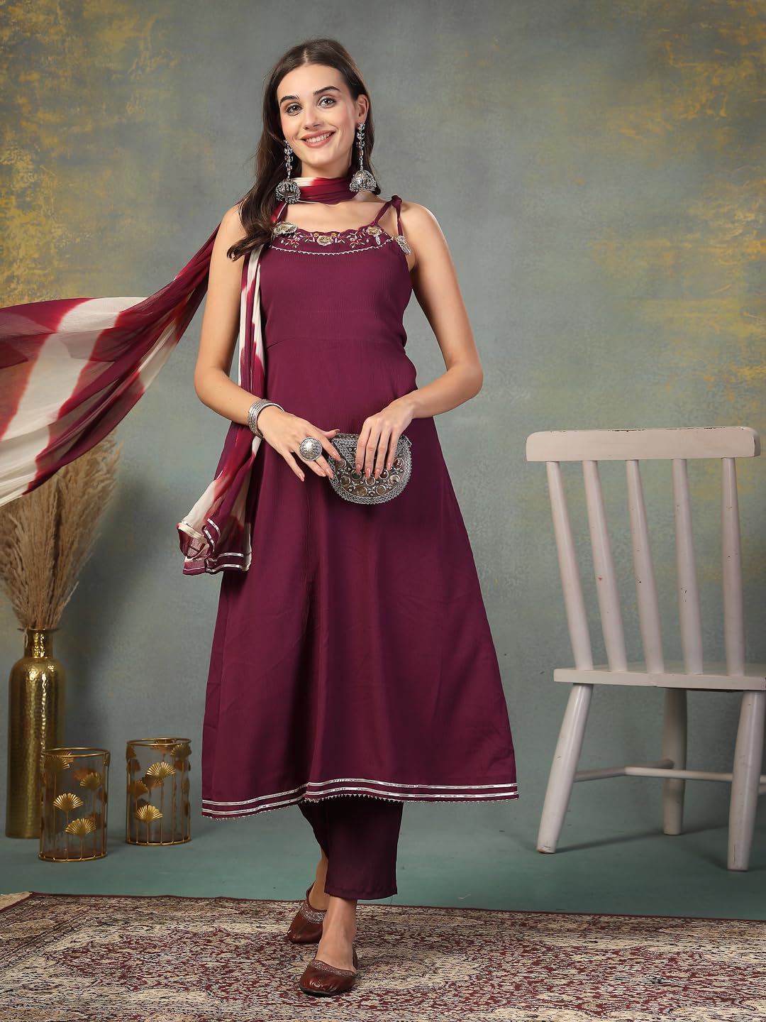 Stylum Women's Solid & Embroidered Poly Crepe A-Line Kurta Pant Dupatta Set