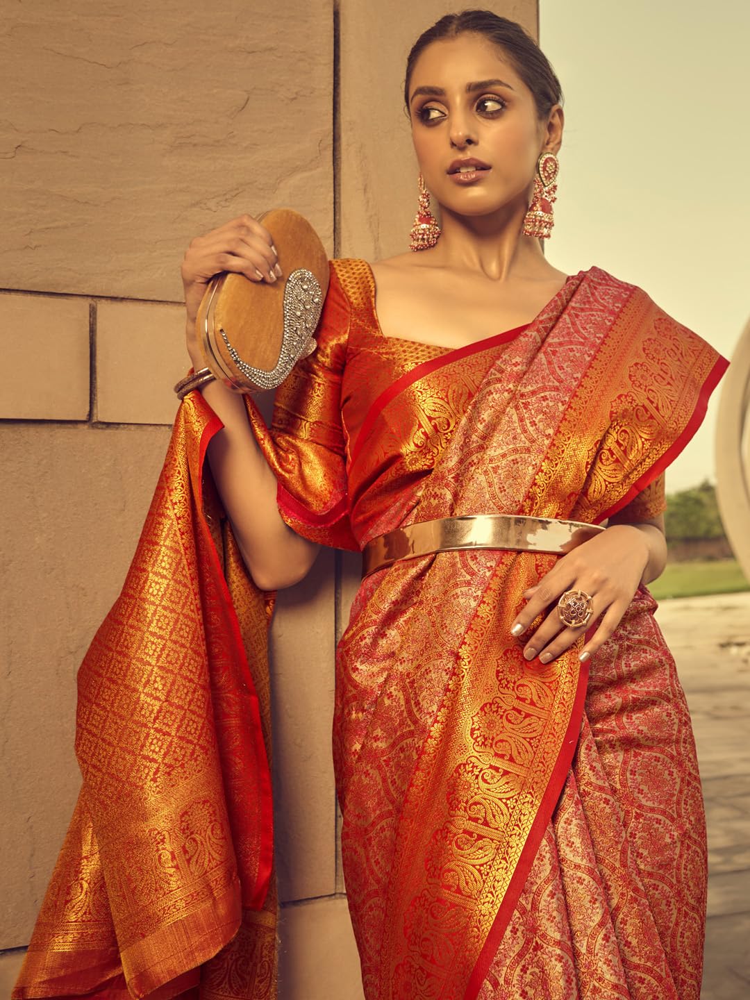 AKHILAM Women's Banarasi silk Ethnic Motif Printed Saree With Unstitched Blouse Piece(Peach_KINKHAB1205_RJ)