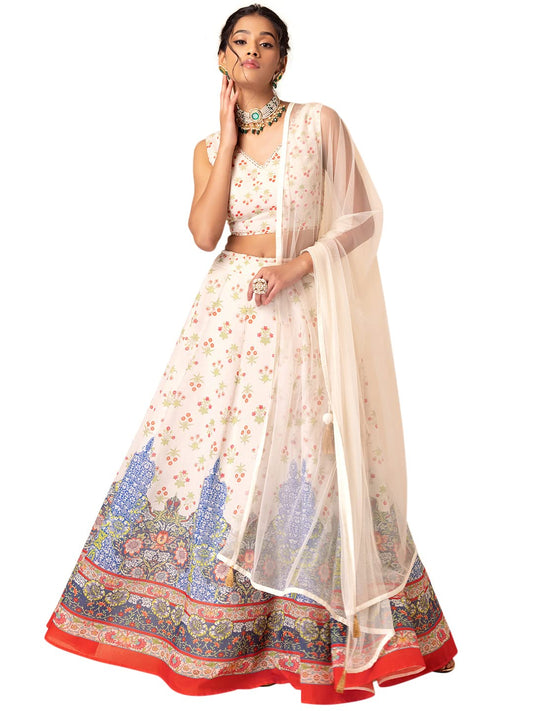 Indya X Samant Chauhan White Floral Print Lehenga With Blouse And Dupatta (Set of 3)