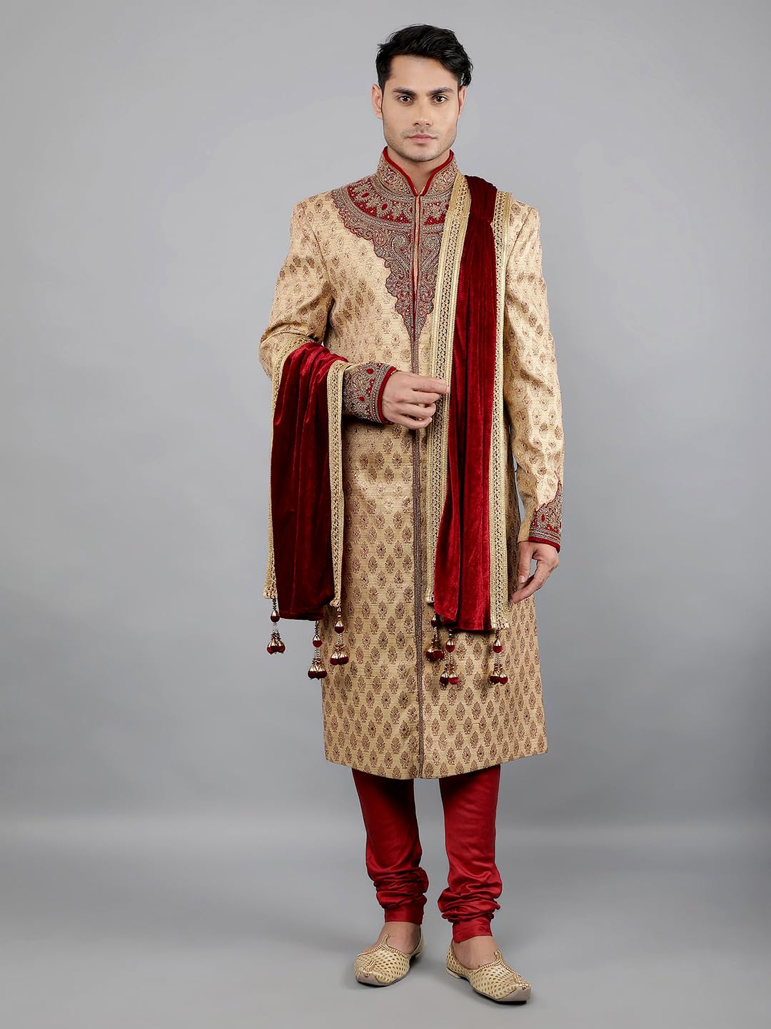 Manish Creations Men's Woven Design with Embroidery Ethnic Sherwani Set