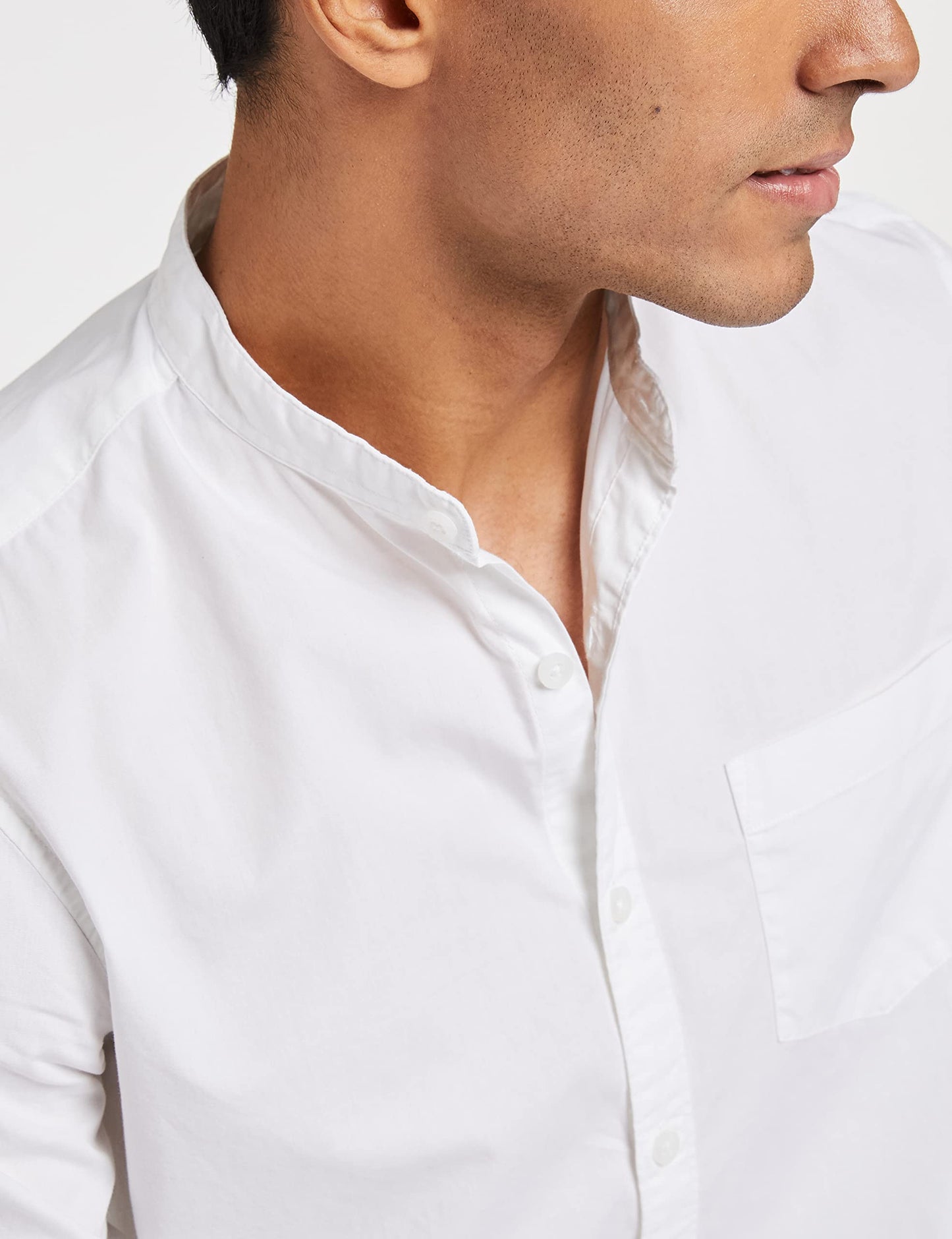 Amazon Brand - Symbol Men's Cotton Shirt | Chinese Collar | Casual | Plain | Full Sleeve | Summer - Regular Fit (Available In Plus Size, White_M)