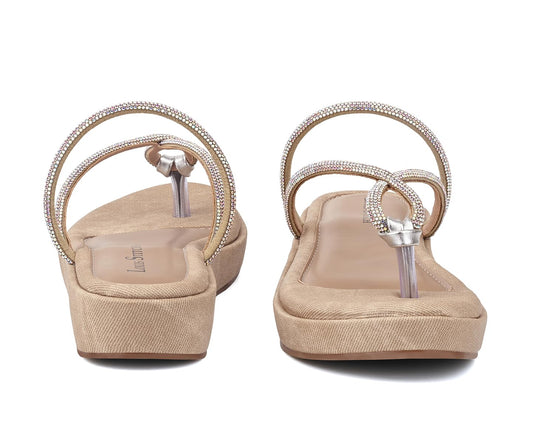 LOUIS STITCH Women’s Slip-On Platform Heel T-Strap Sandals | Open Toe Stylish Beige Wedge Heel Sandal for Ladies, Fashionable Sandal | LSOF-LDPS-GLCSBG