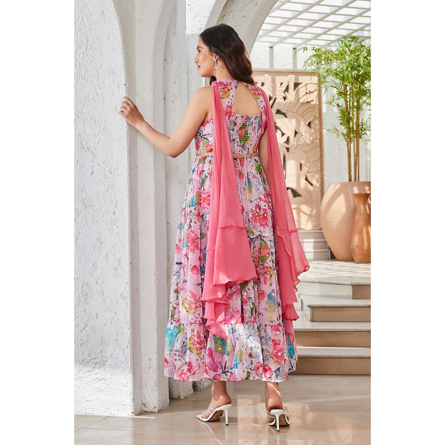 BIBA Women Polyester Anarkali Printed Dress (SKD9665_Pink_XS)