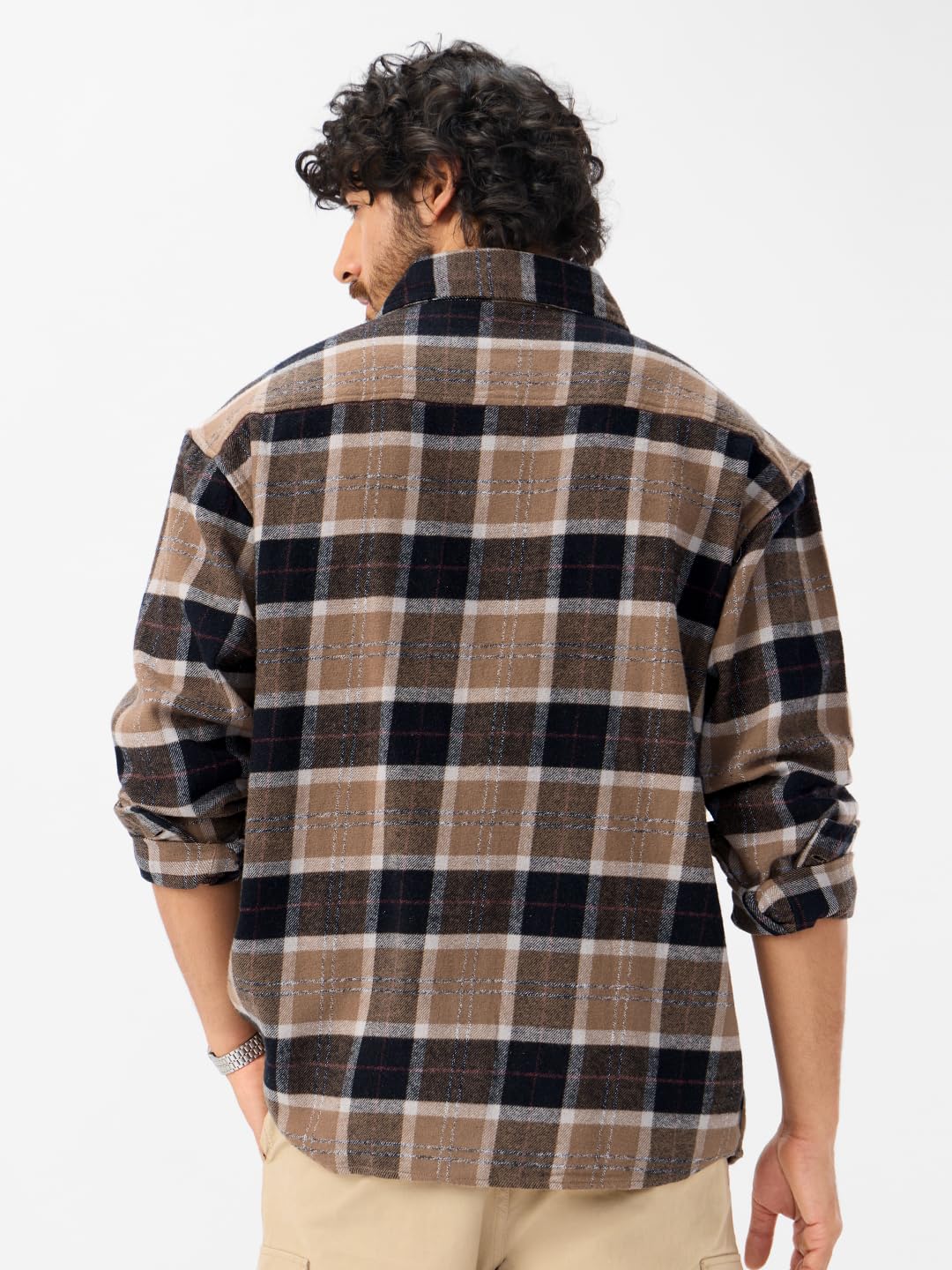 The Souled Store Russet Men and Boys Long Sleeves Collared Neck Button Front Plaid Cotton Oversized Flannel Shackets
