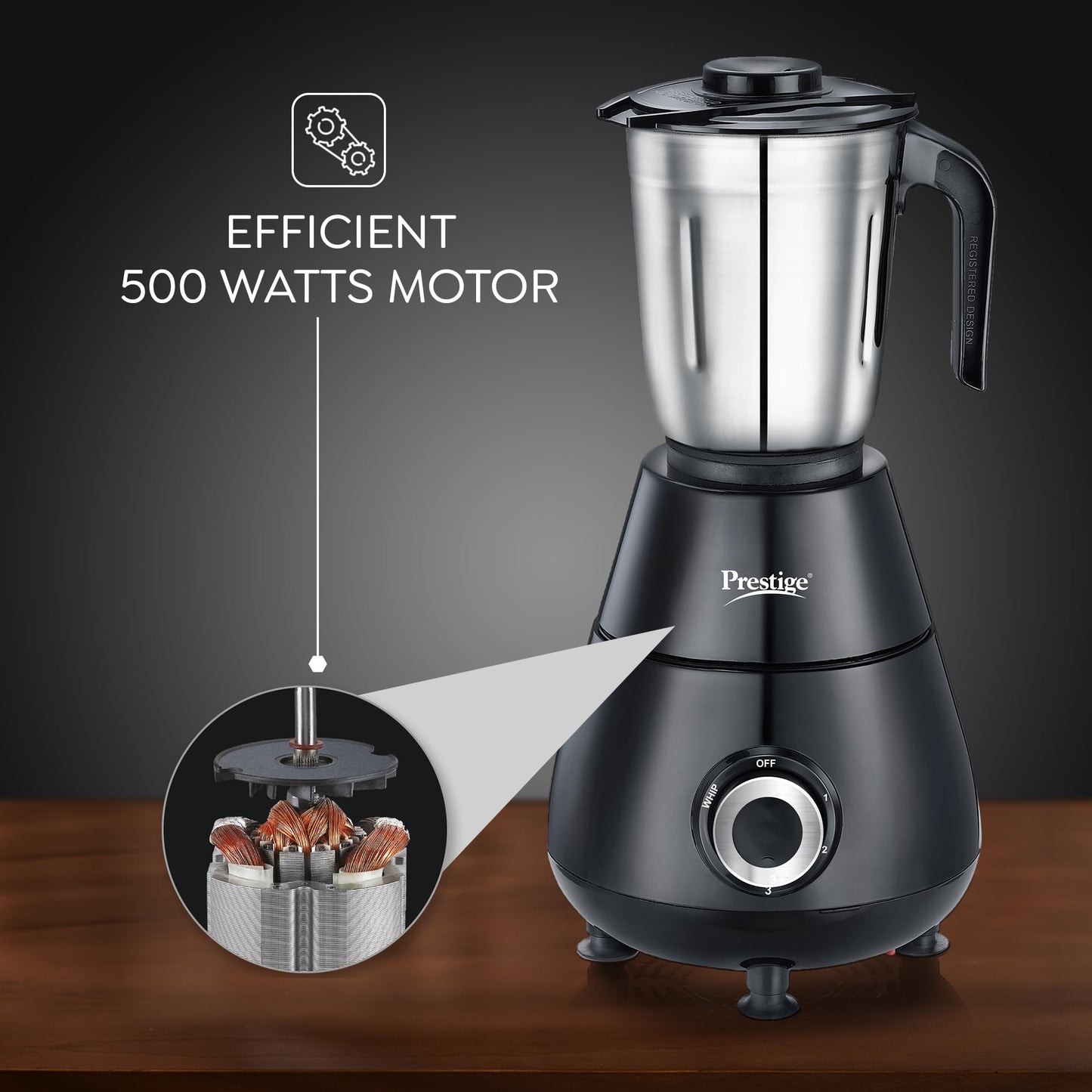 Prestige 500 Watts Apex Mixer Grinder with 3 Stainless Steel Jars|3 Super Efficient Blades|Sturdy Handles|Black|