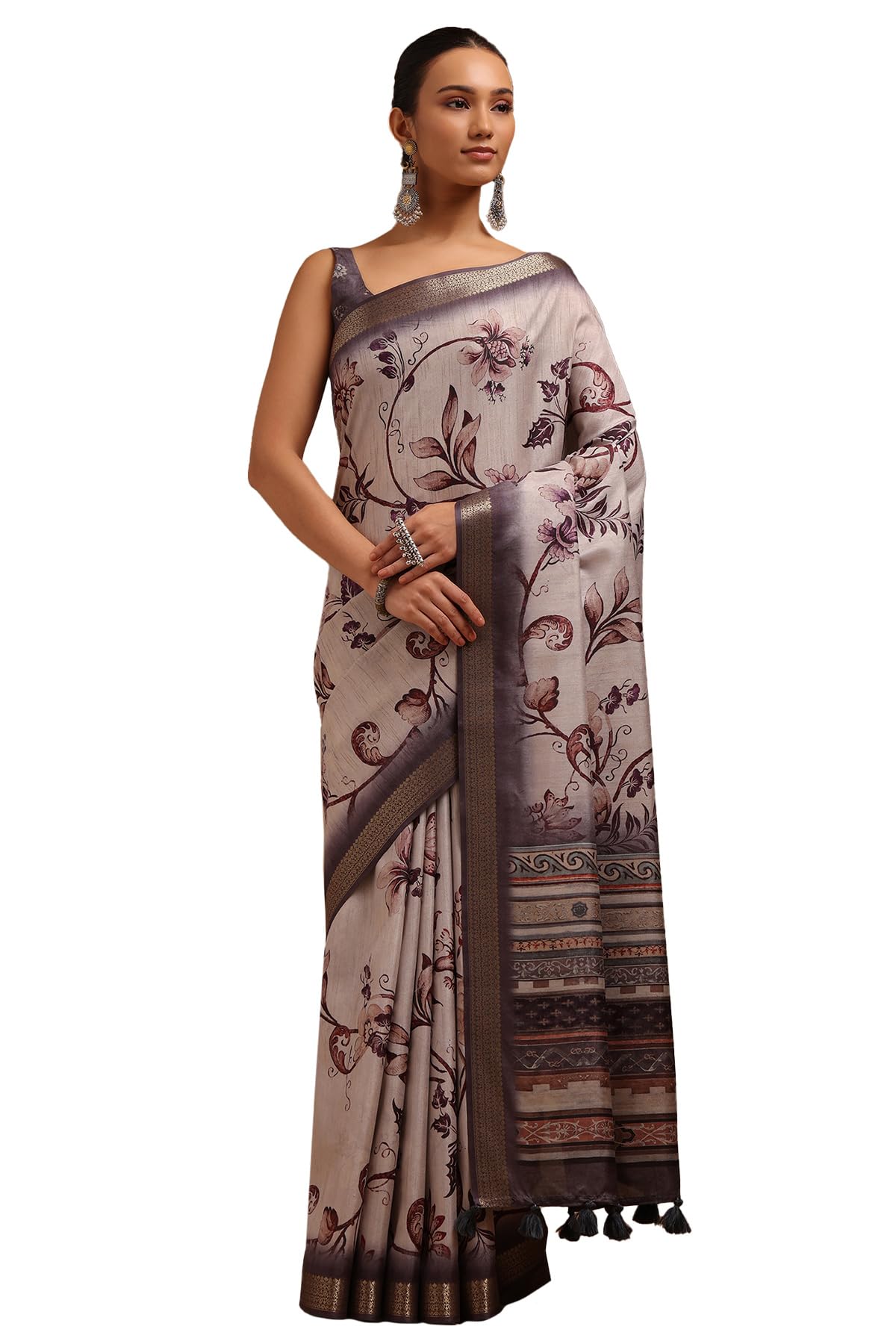 Soch Womens Grey Tussar Botanical Print Saree