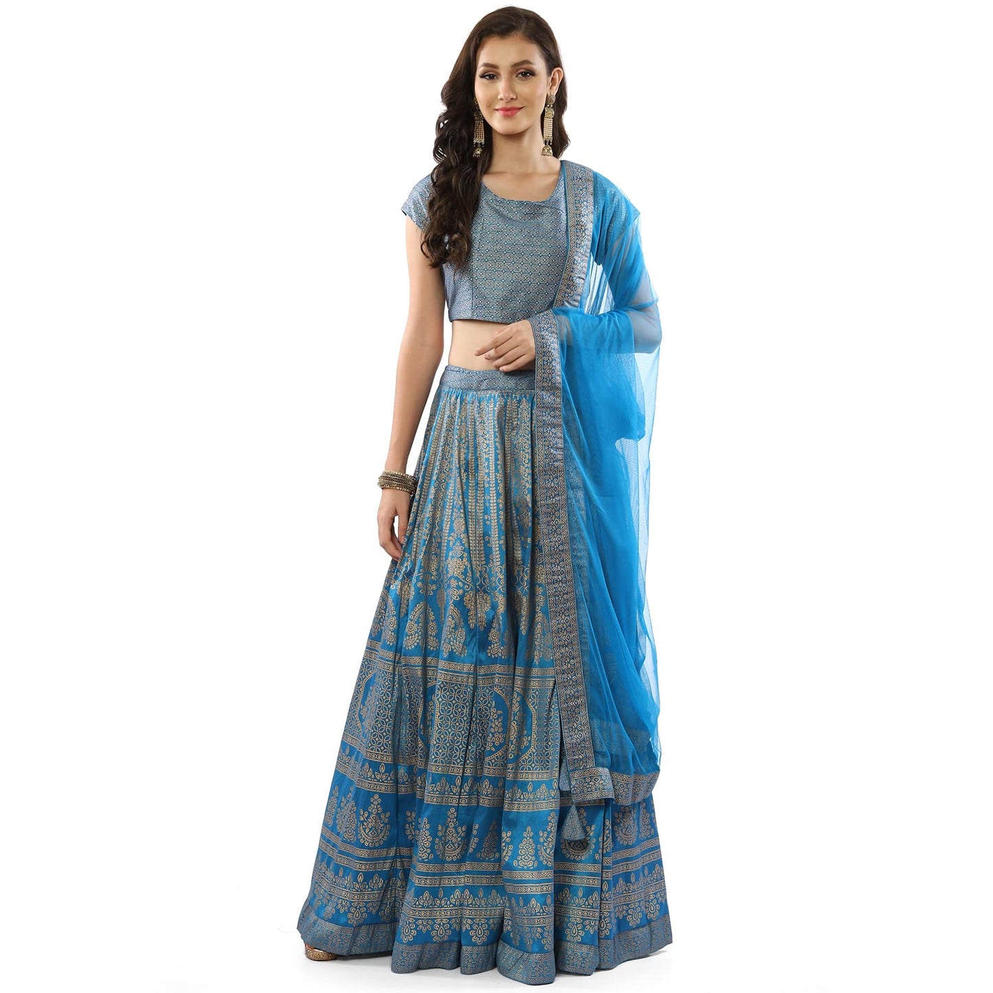 BIBA Women's Polyester Lehenga Set Readymade Printed Flared Salwar Kurta Dupatta(Skdfestive 8367_Turquoise_36)