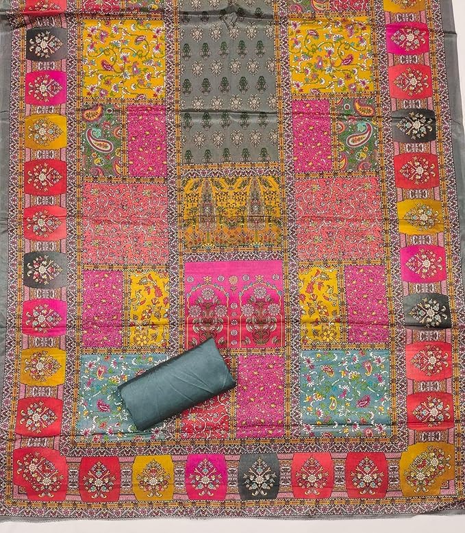 Rubani Women's Pakistani Unstitched Salwar Suit Dress Material Featuring Soft Chinon Fabric and Timeless Floral Prints(Free Size, Grey)