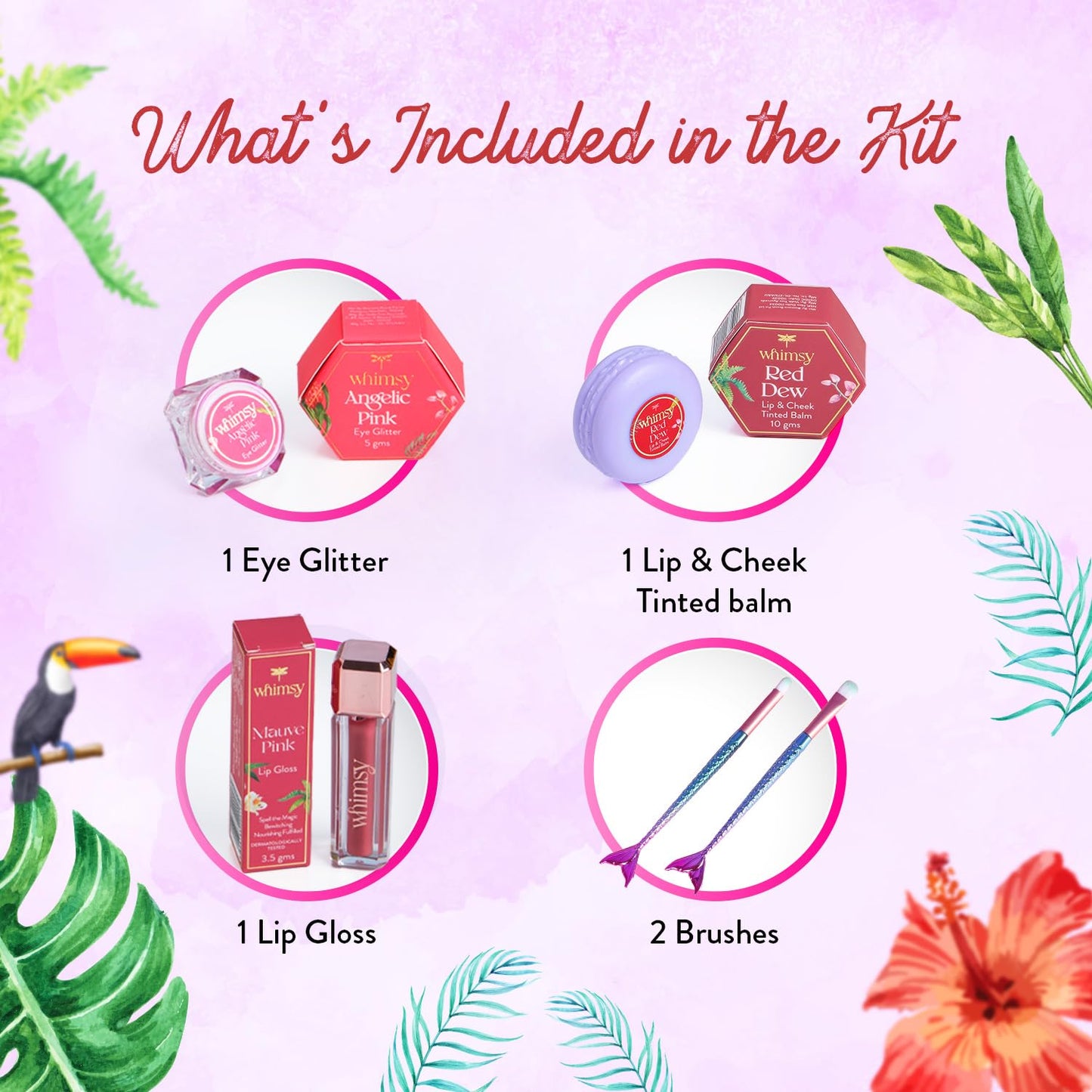 Whimsy Beauty 5-Piece Organic Makeup Kit for Girls, Preteens & Teens | Safe & Skin-Friendly Beauty Set | Non-Toxic Real Toy Makeup | Eye Glitter, Lip Cheek Tint, Kids Lip Gloss & Mermaid Brushes