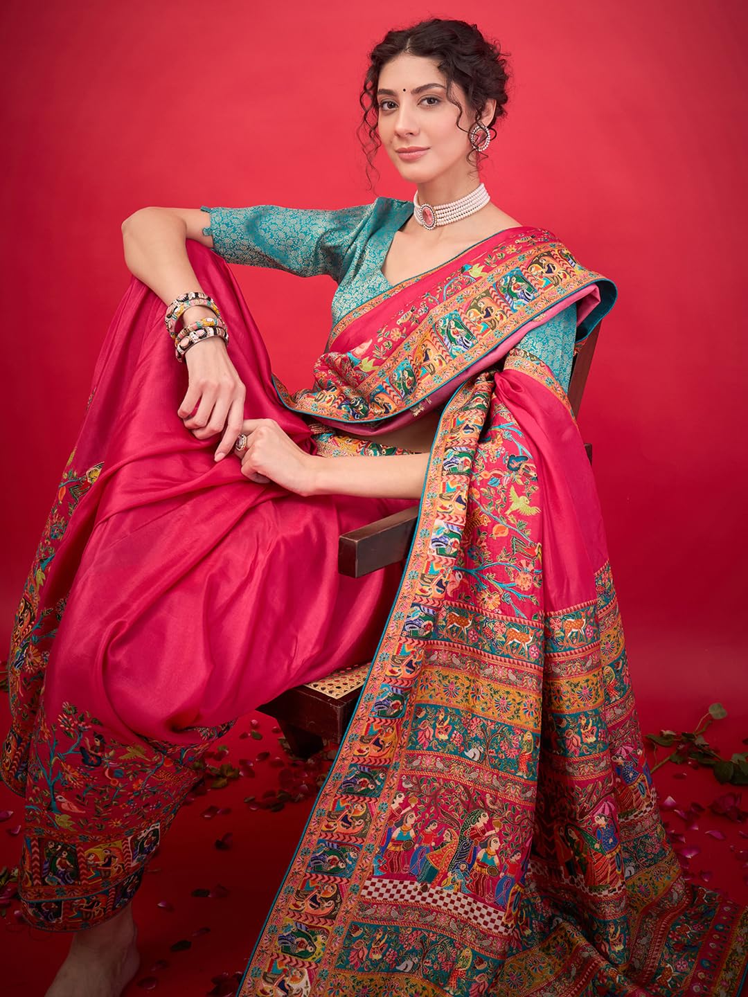 AKHILAM Women's Pink Viscose Silk Ethnic Motif Printed Saree With Unstitched Blouse Piece (MSTANI144A_HS)