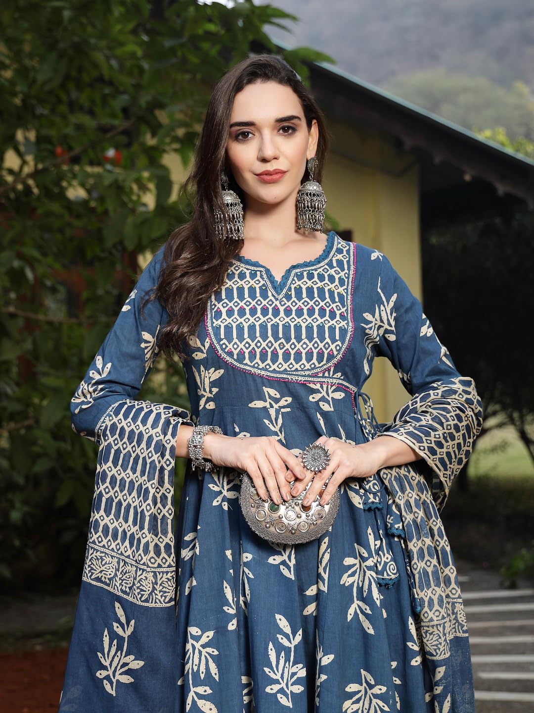Stylum Women's Floral Printed Cotton Anarkali Kurta Pant Dupatta Set