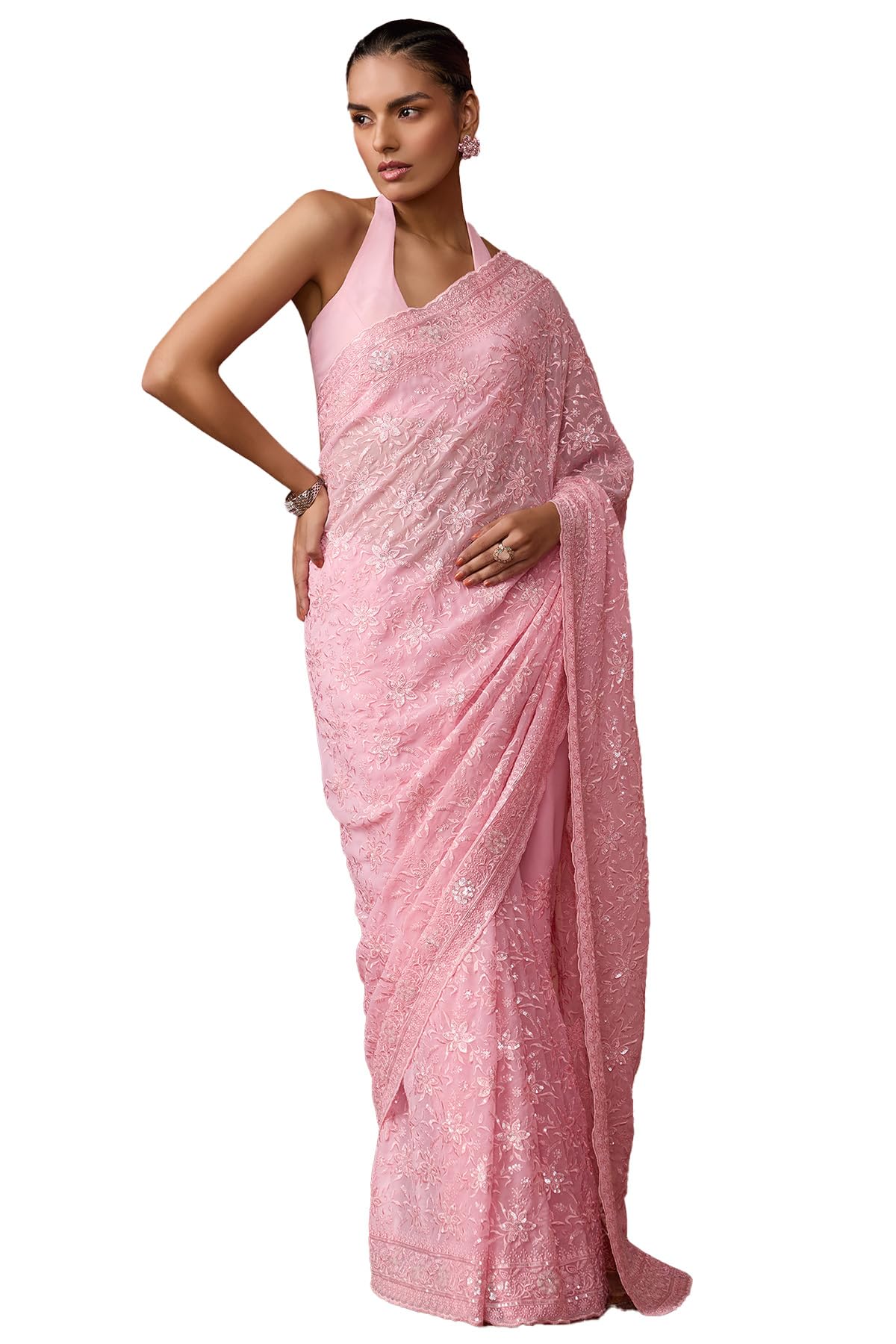 Soch Womens Pink Georgette Floral Print Saree