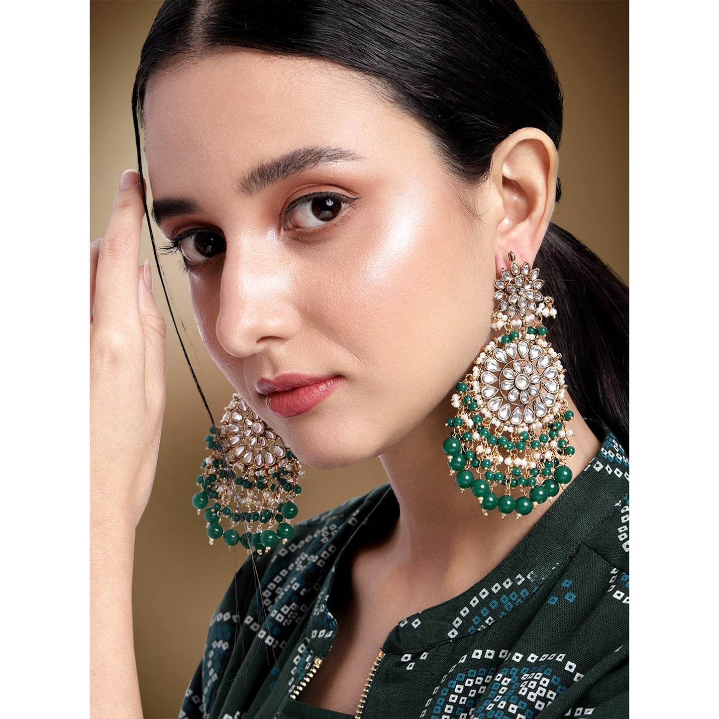Peora Traditional Gold-Plated Brass & Kundan Dangle Earrings For Women & Girls, Green