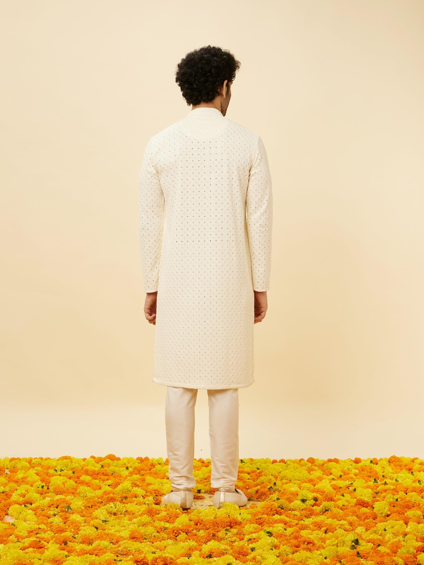Manyavar Mens Cream Viscose Kurta Pyjama Set