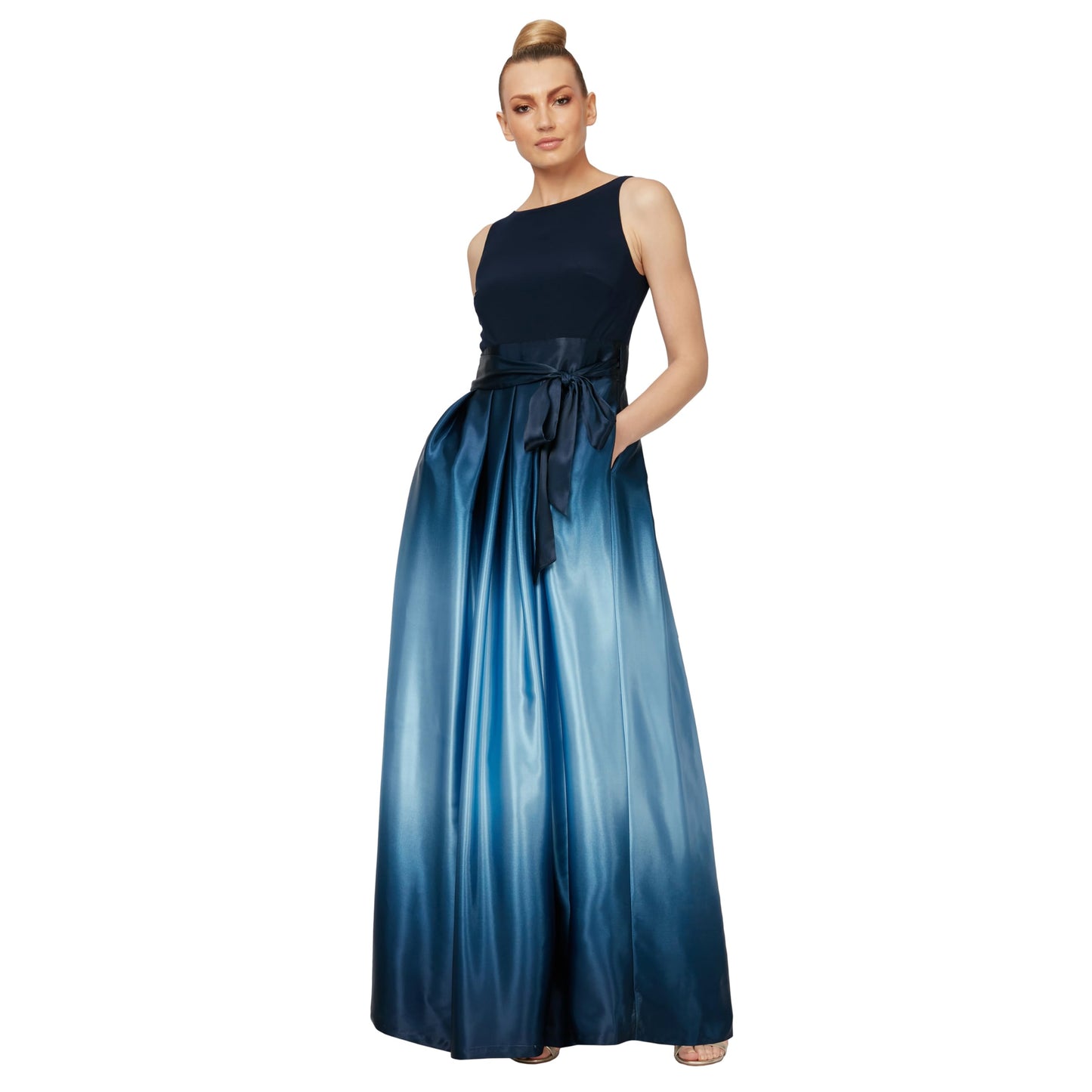 S.L. Fashions Women's Long Satin Mother of The Bride Dress with Pockets, Formal Party Gown (Petite and Regular Sizes), Navy/Wedgewood, 12