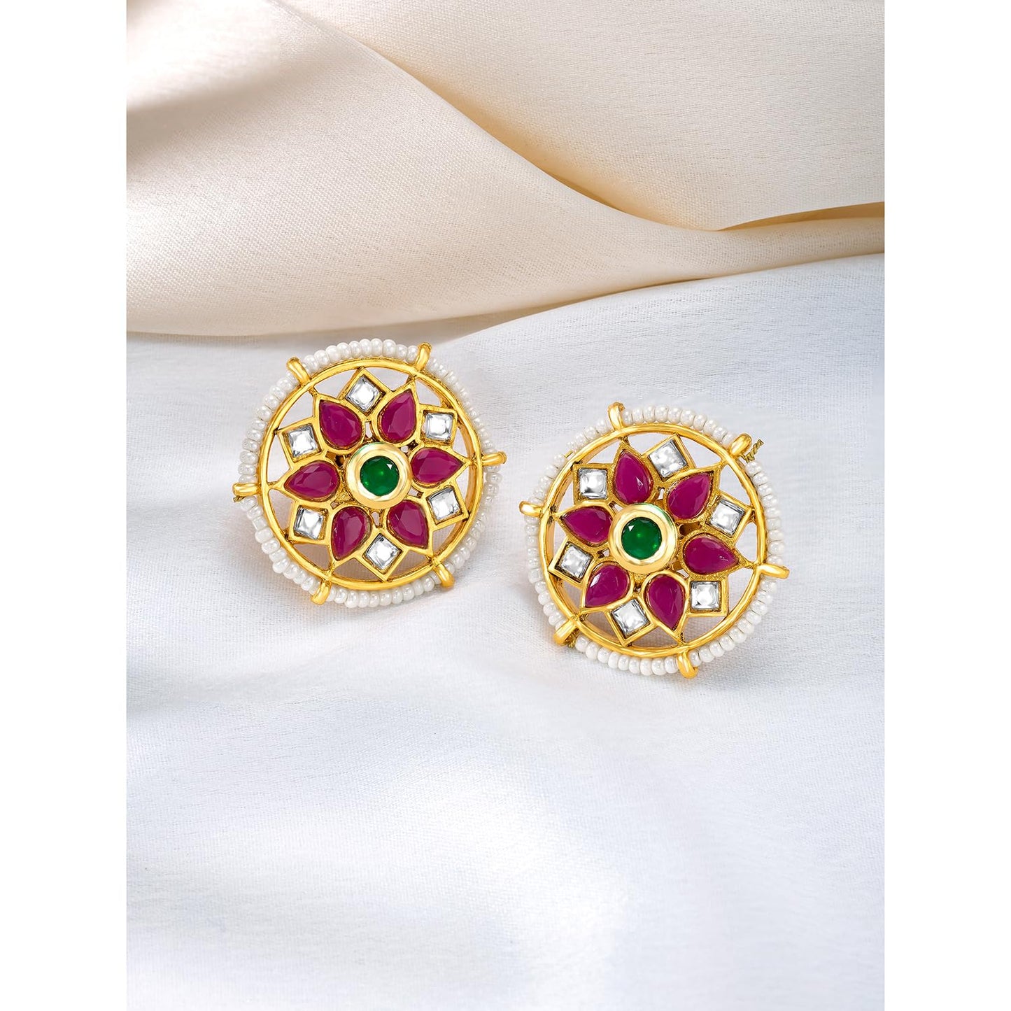 Peora Gold Plated Rani Pink Green Synthetic Stone & Beads Studded Stud Earrings Ethnic Jewellery for Women & Girls