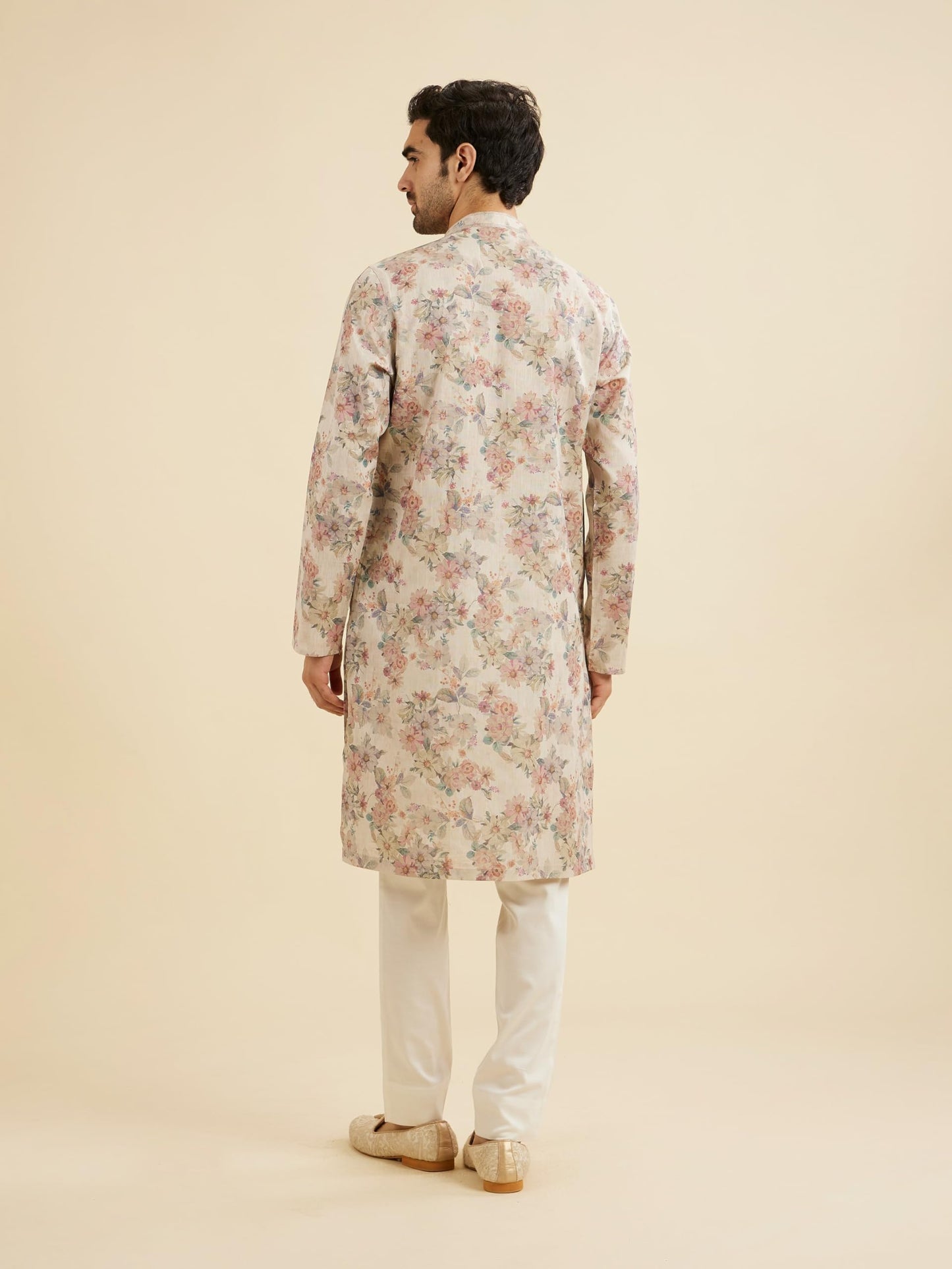 Manyavar Men's Cotton BlendFloral Digital Print Long Kurta (Natural,XL)