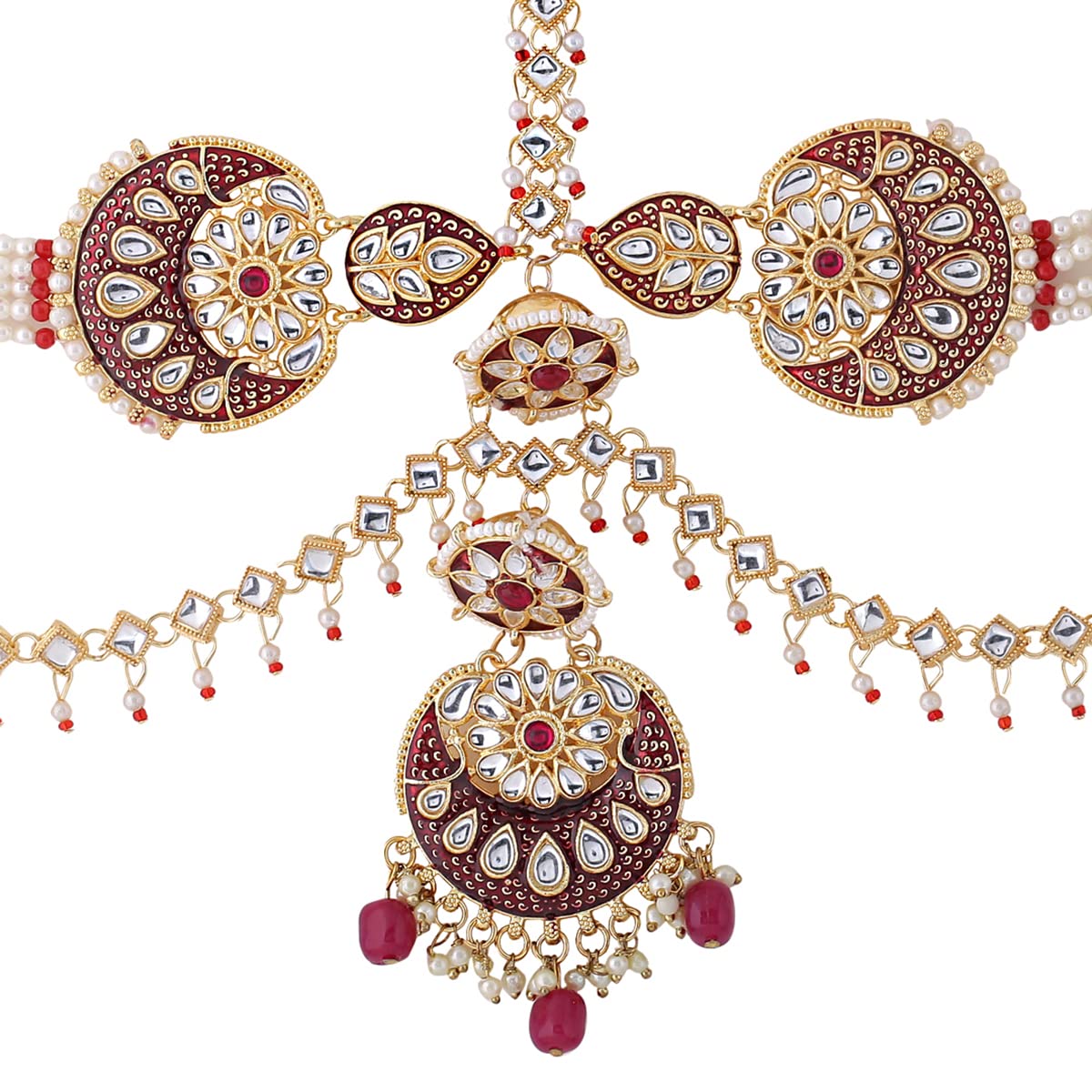 Yellow Chimes Maangtikka Daamini for Women Gold Plated Kundan Studded Meenakari Touch Multilayer White Beads Chain Designed Daamini Maangtikka for Women and Girls